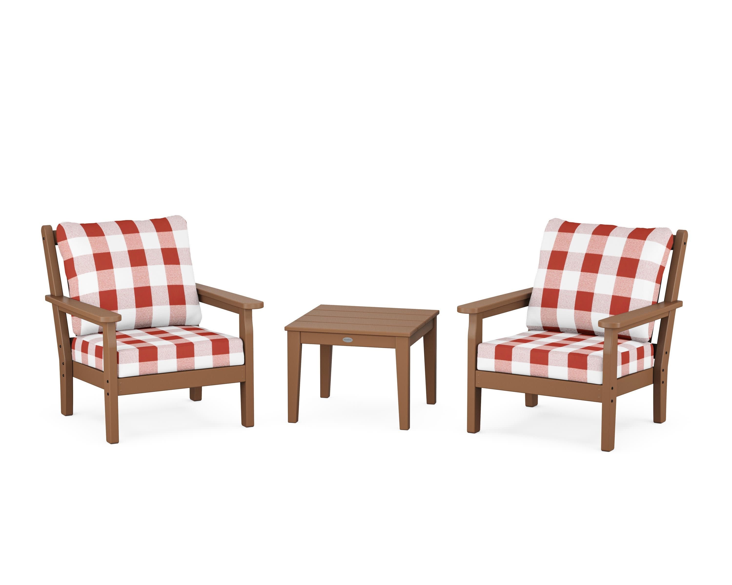 Chippendale 3-Piece Deep Seating Set in Teak / Buffalo Plaid Crimson