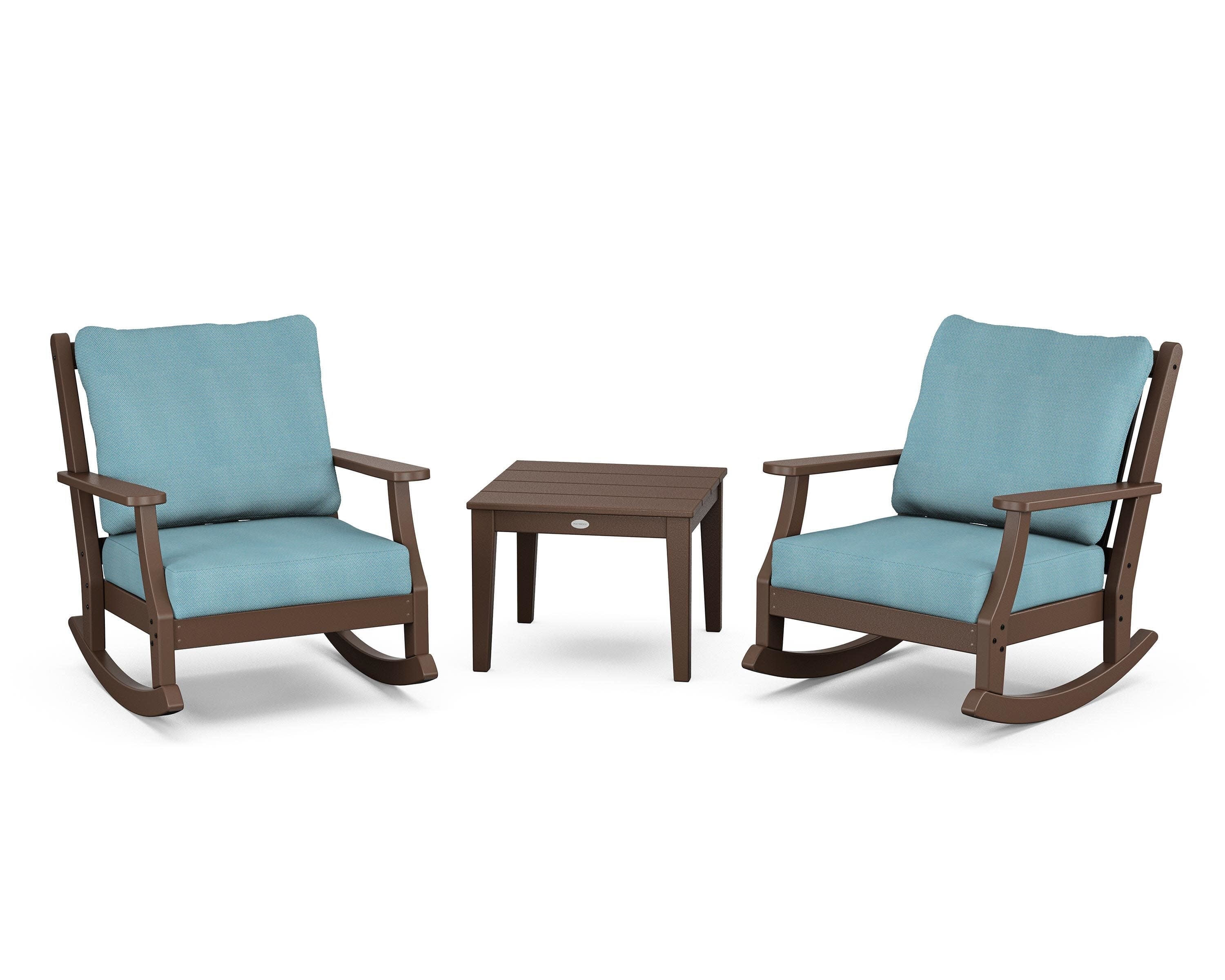 Wovendale 3-Piece Deep Seating Rocker Set in Mahogany / Lattice Sky Blue