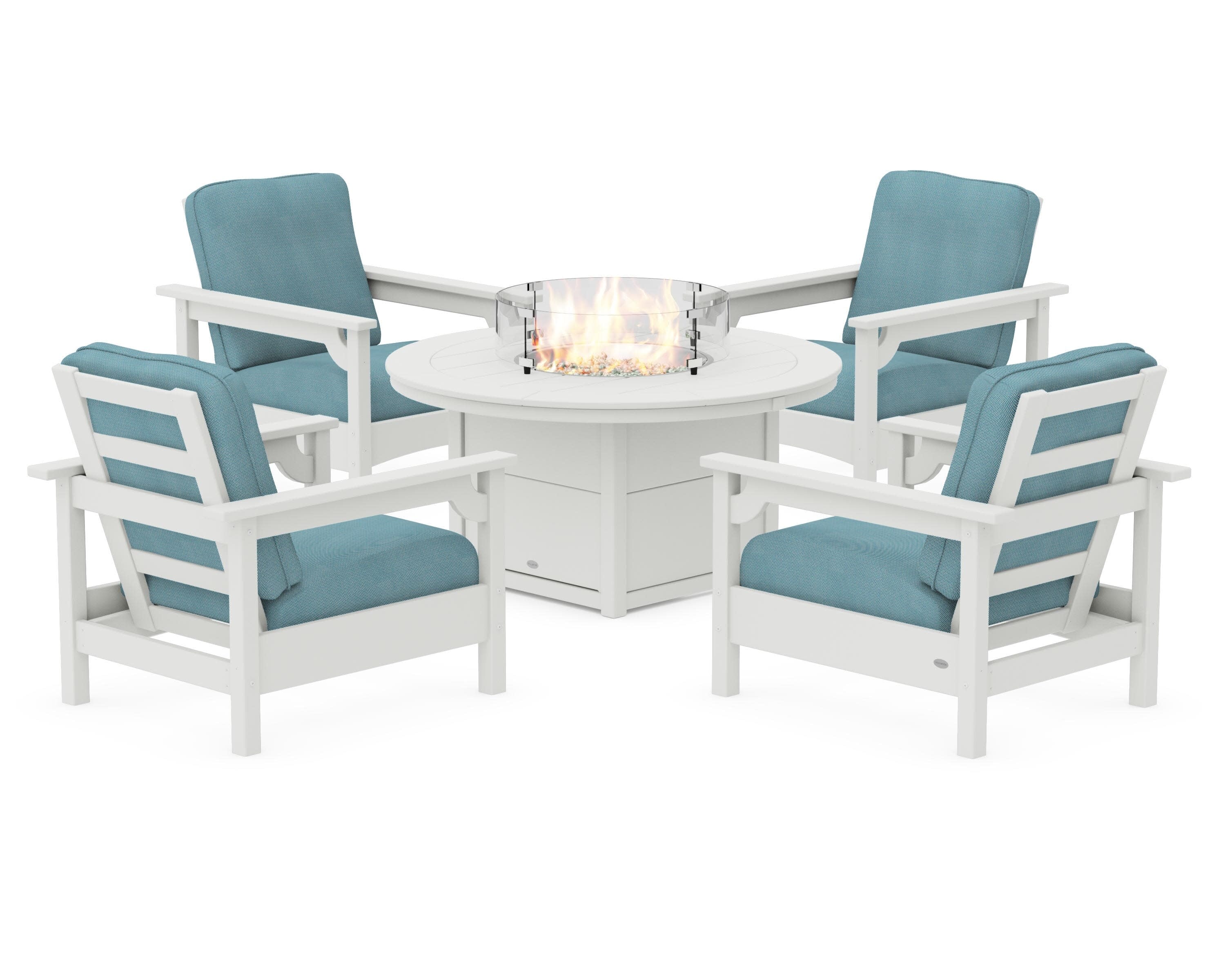 Club 5-Piece Conversation Set with Fire Pit Table in Vintage White / Lattice Sky Blue