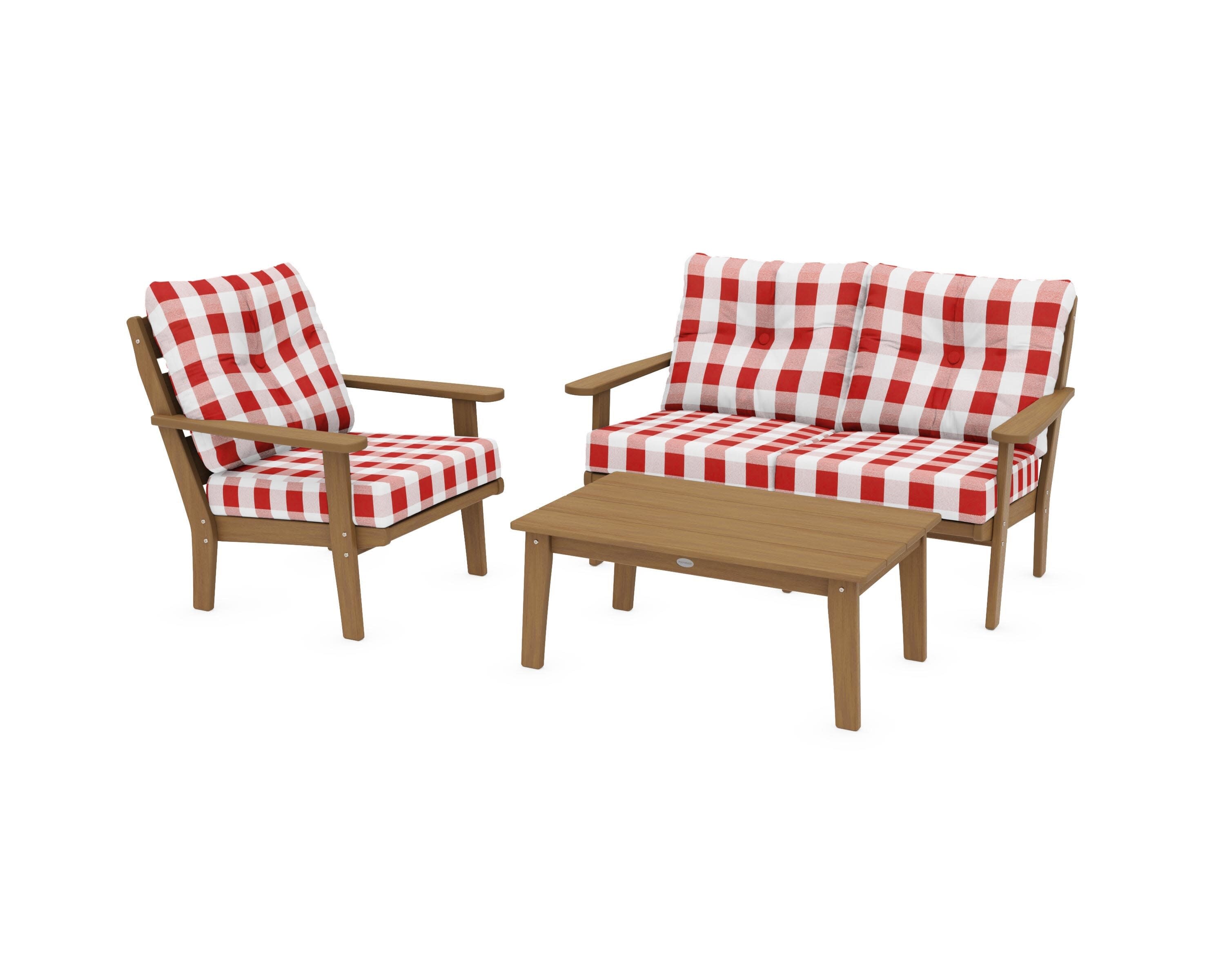 Lakeside 3-Piece Deep Seating Set in Natural / Buffalo Plaid Crimson