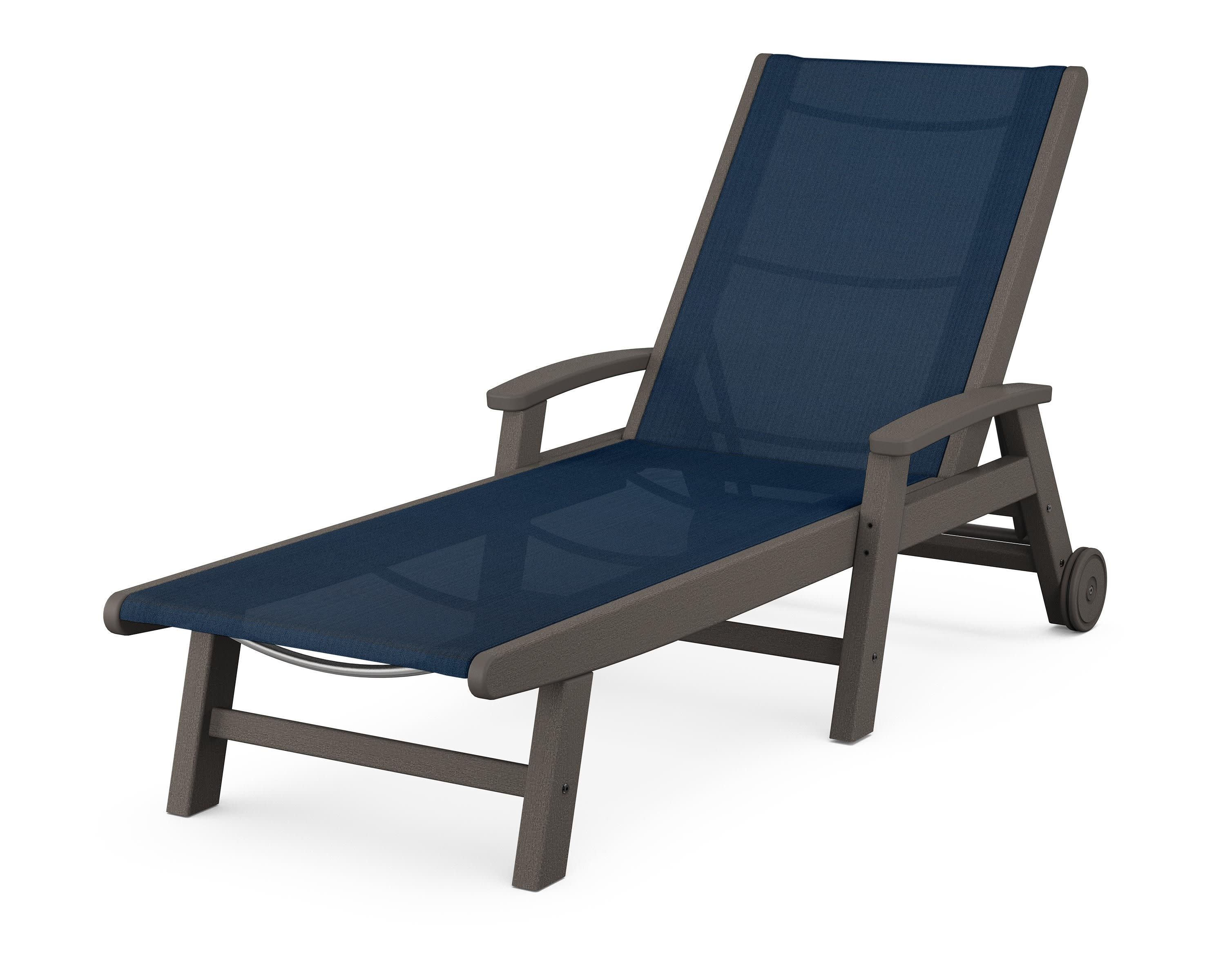 Coastal Chaise with Wheels in Vintage Coffee / Navy Blue Sling