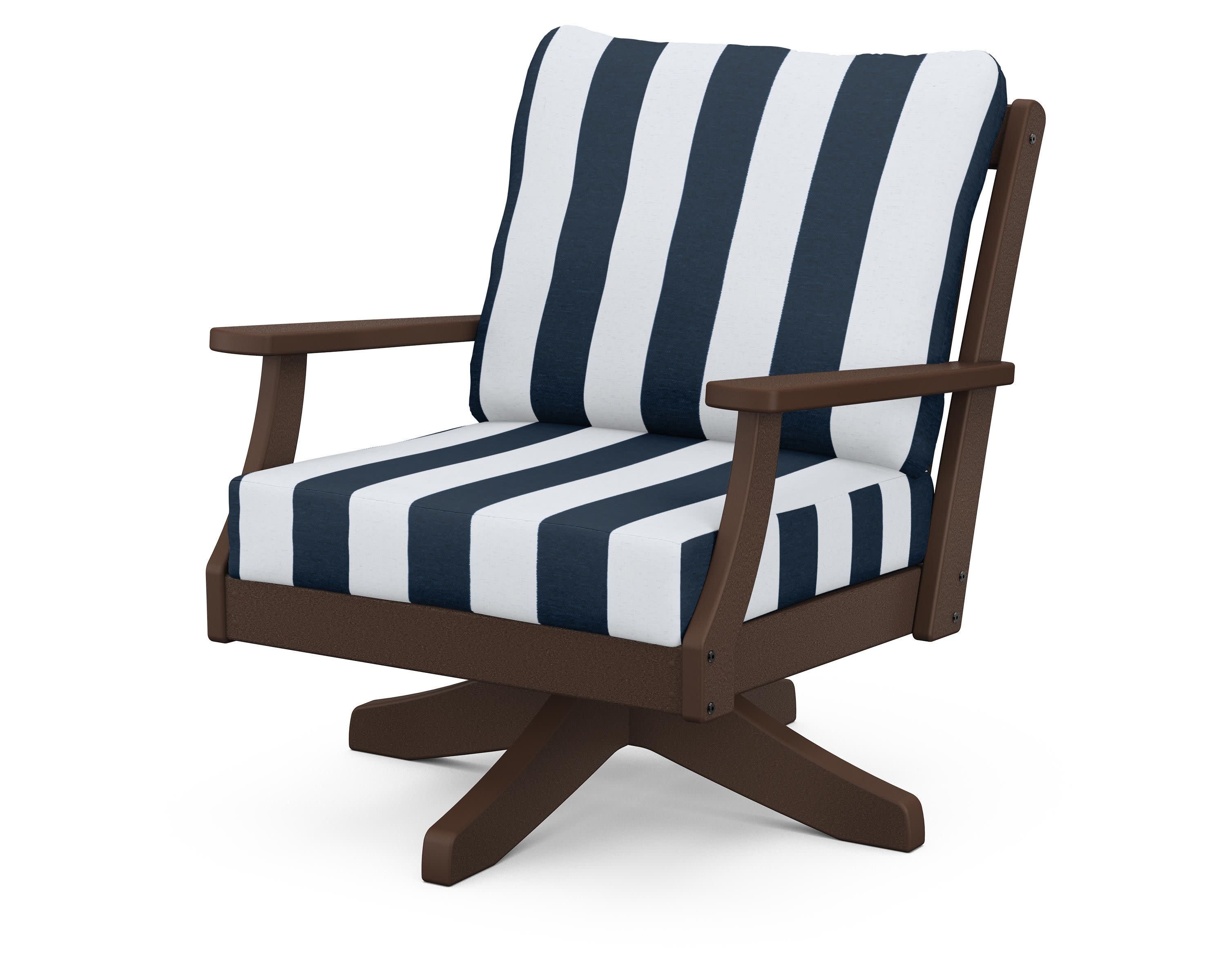 Braxton Deep Seating Swivel Chair in Mahogany / Cabana Stripe Marine Indigo