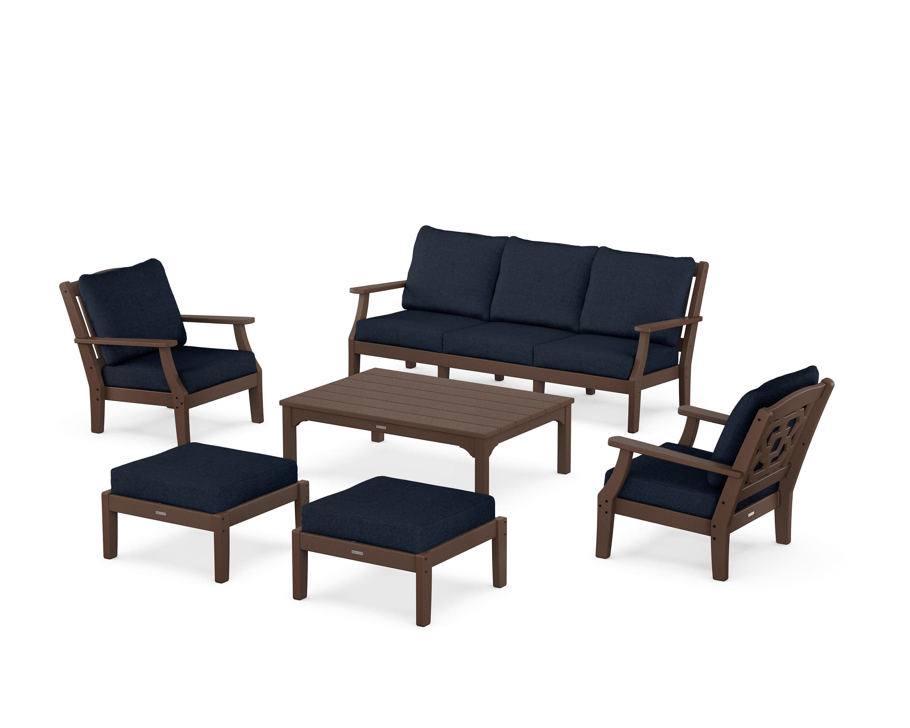Chinoiserie 6-Piece Lounge Sofa Set in Mahogany / Marine Indigo