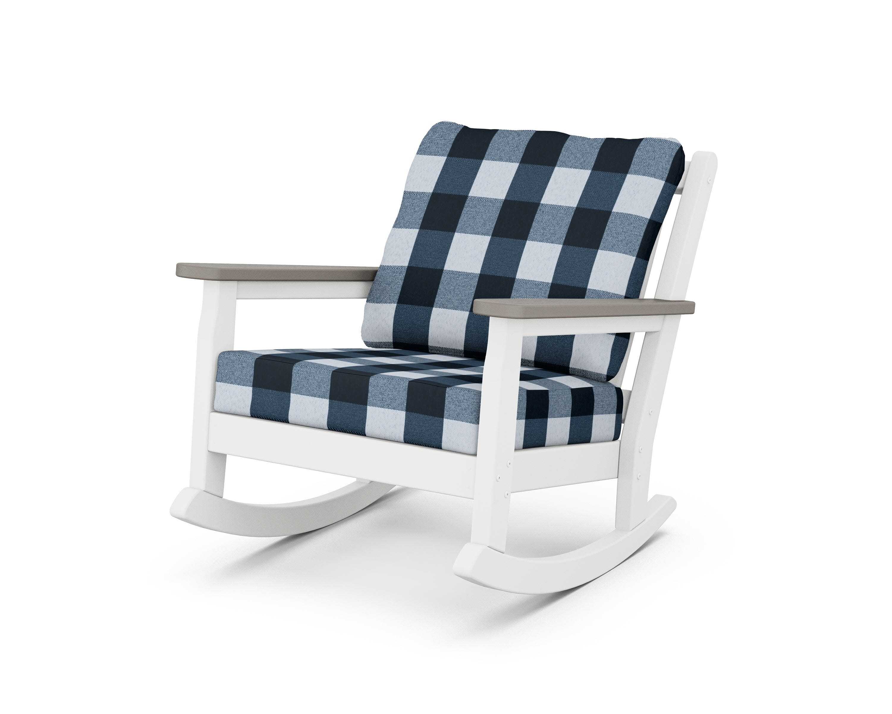 Chippendale Deep Seating Rocking Chair in White / Driftwood / Buffalo Plaid Marine Indigo