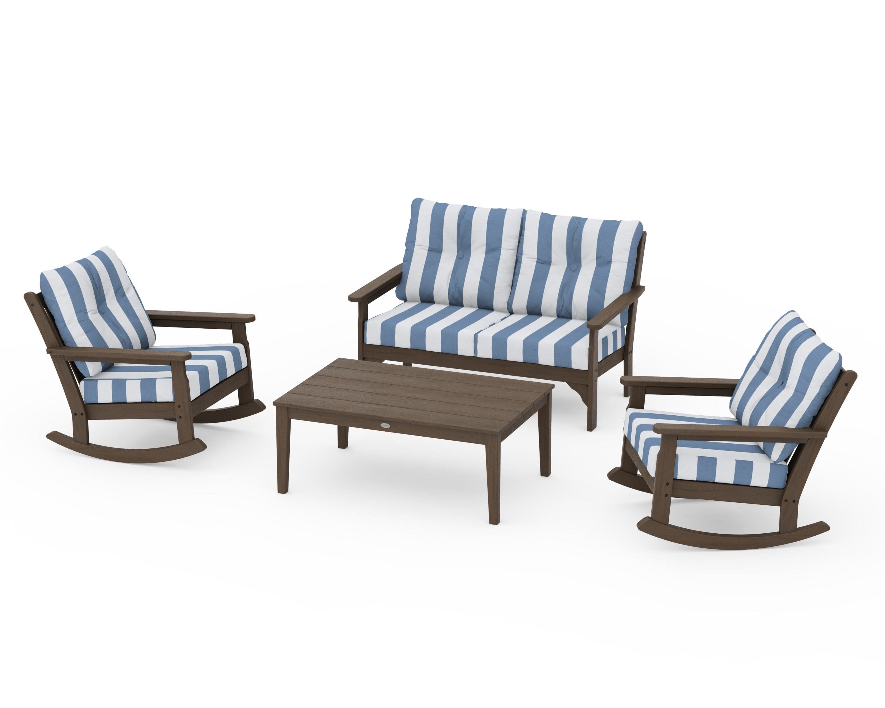 Vineyard 4-Piece Deep Seating Rocking Chair Set in Kona / Cabana Stripe Sky Blue