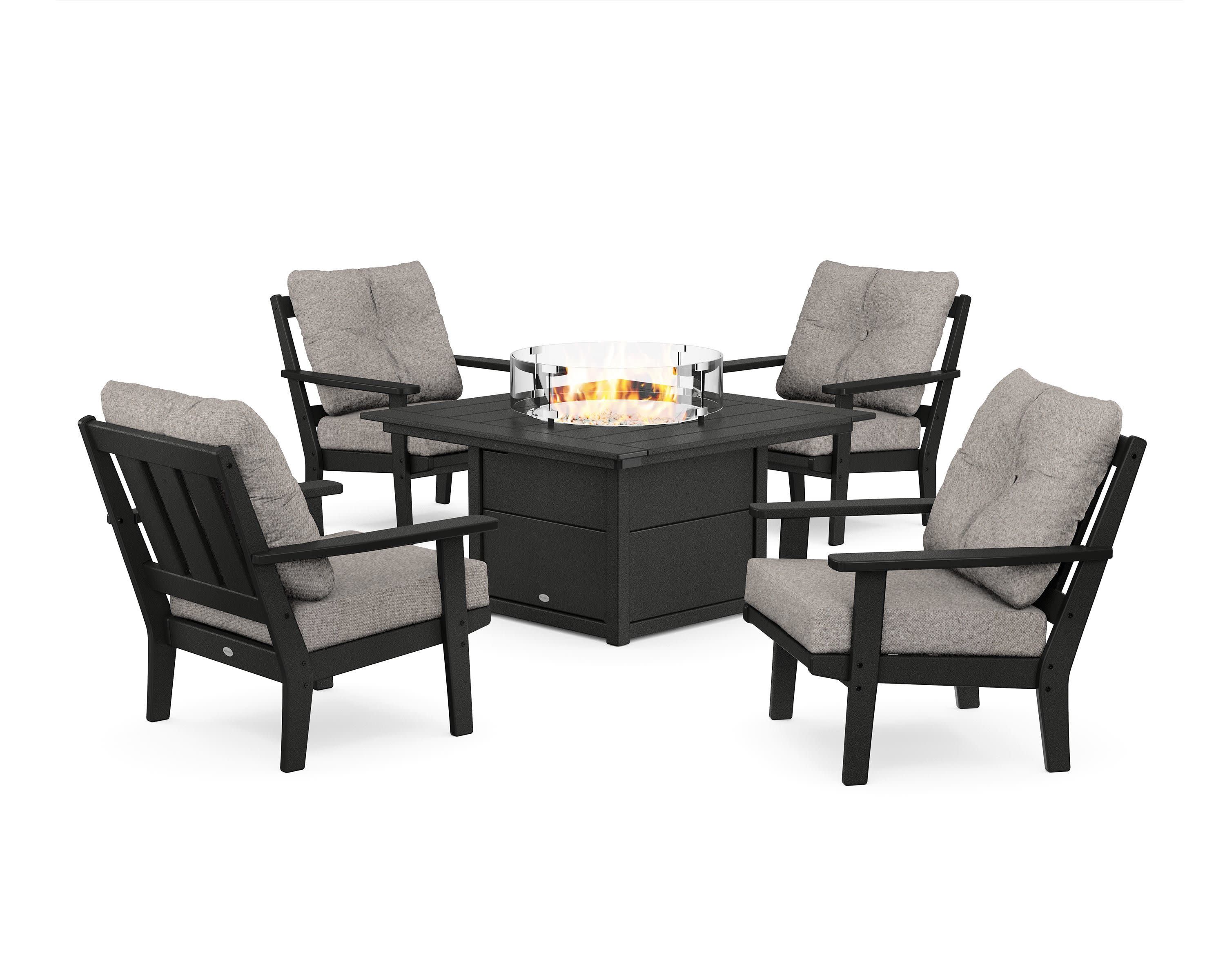 Oxford 5-Piece Deep Seating Set with Fire Pit Table in Black / Weathered Tweed