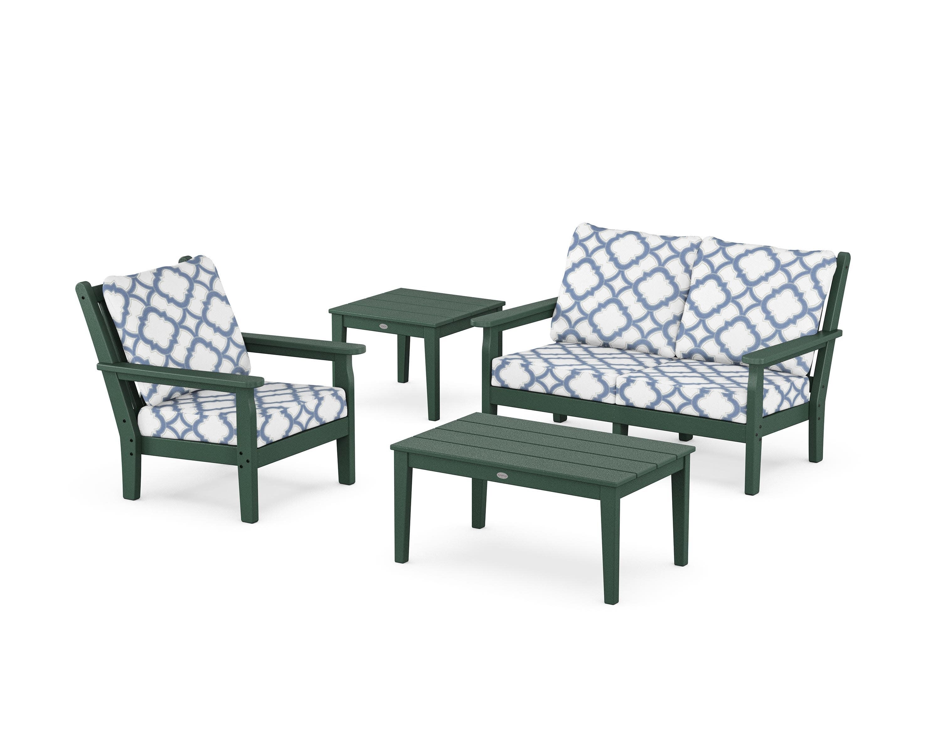 Chippendale 4-Piece Deep Seating Set in Green / Trellis Sky Blue