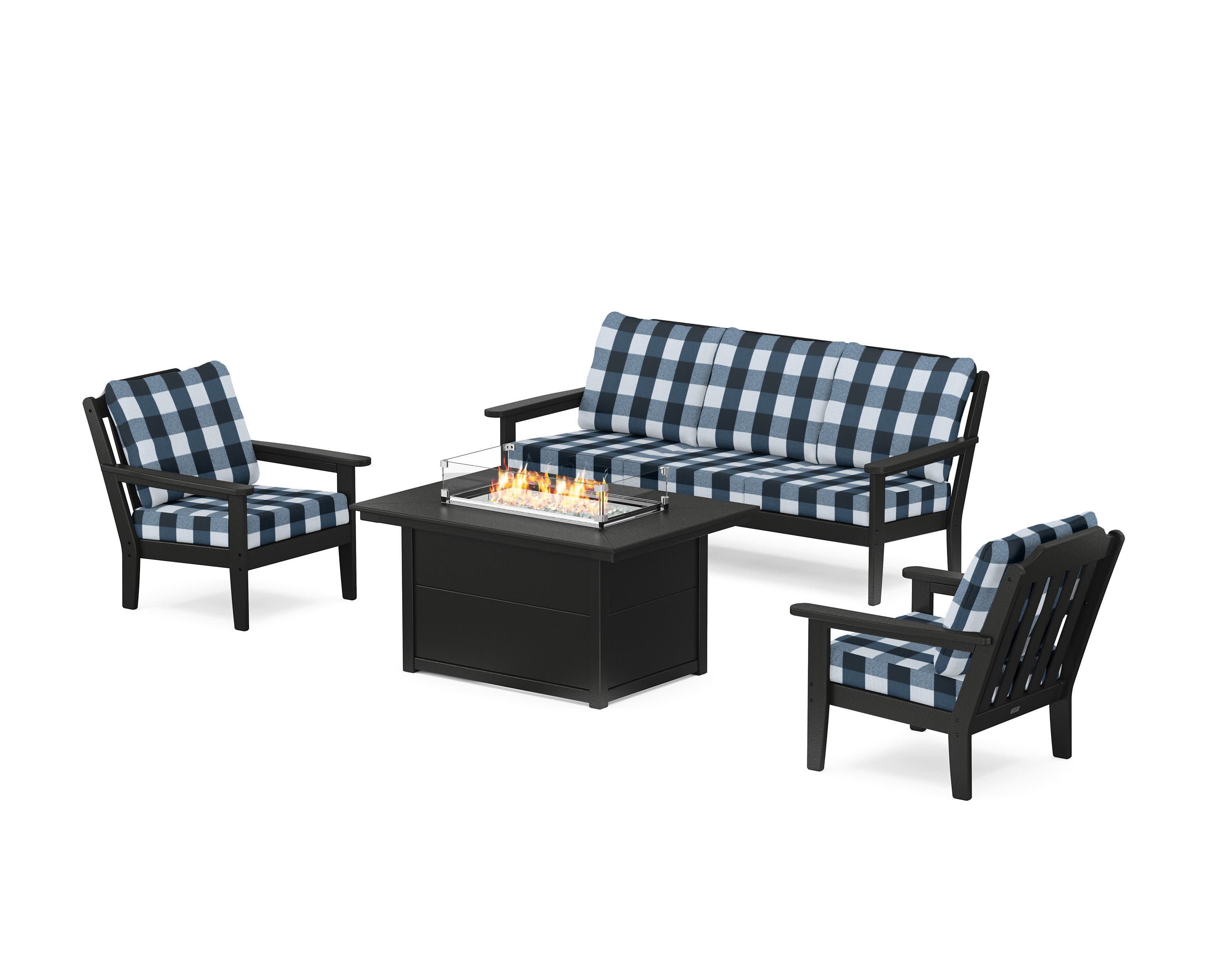 Cottage Deep Seating Fire Pit Table Set in Black / Buffalo Plaid Marine Indigo