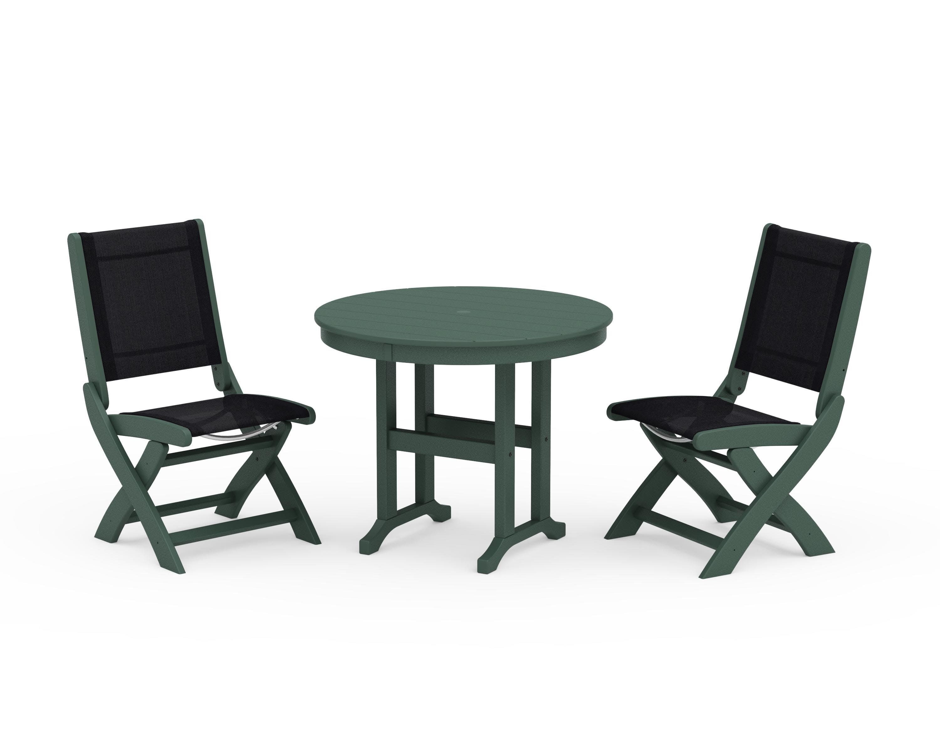 Coastal Folding Side Chair 3-Piece Round Dining Set in Green / Black Sling