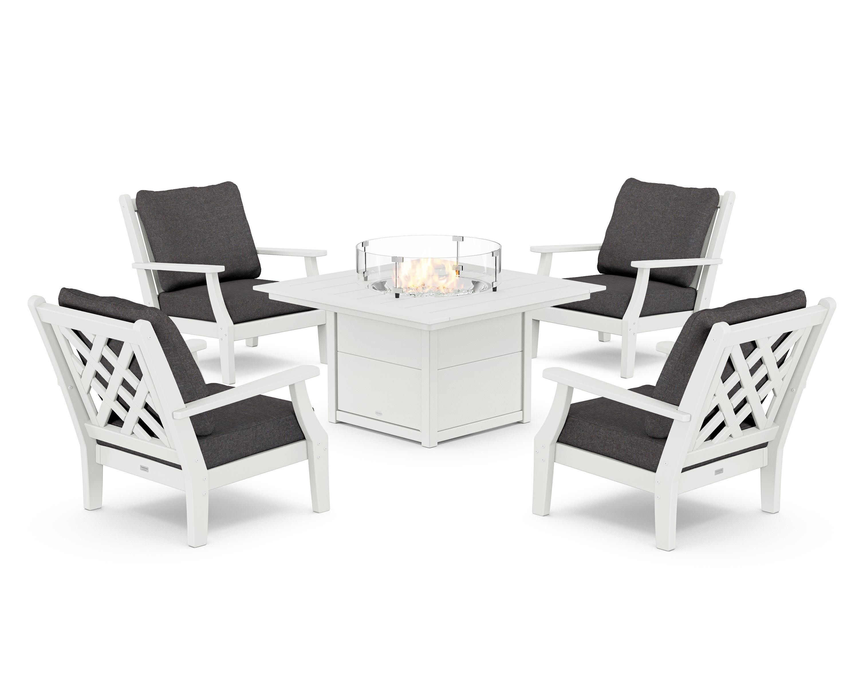 Wovendale 5-Piece Deep Seating Set with Fire Pit Table in White / Ash Charcoal