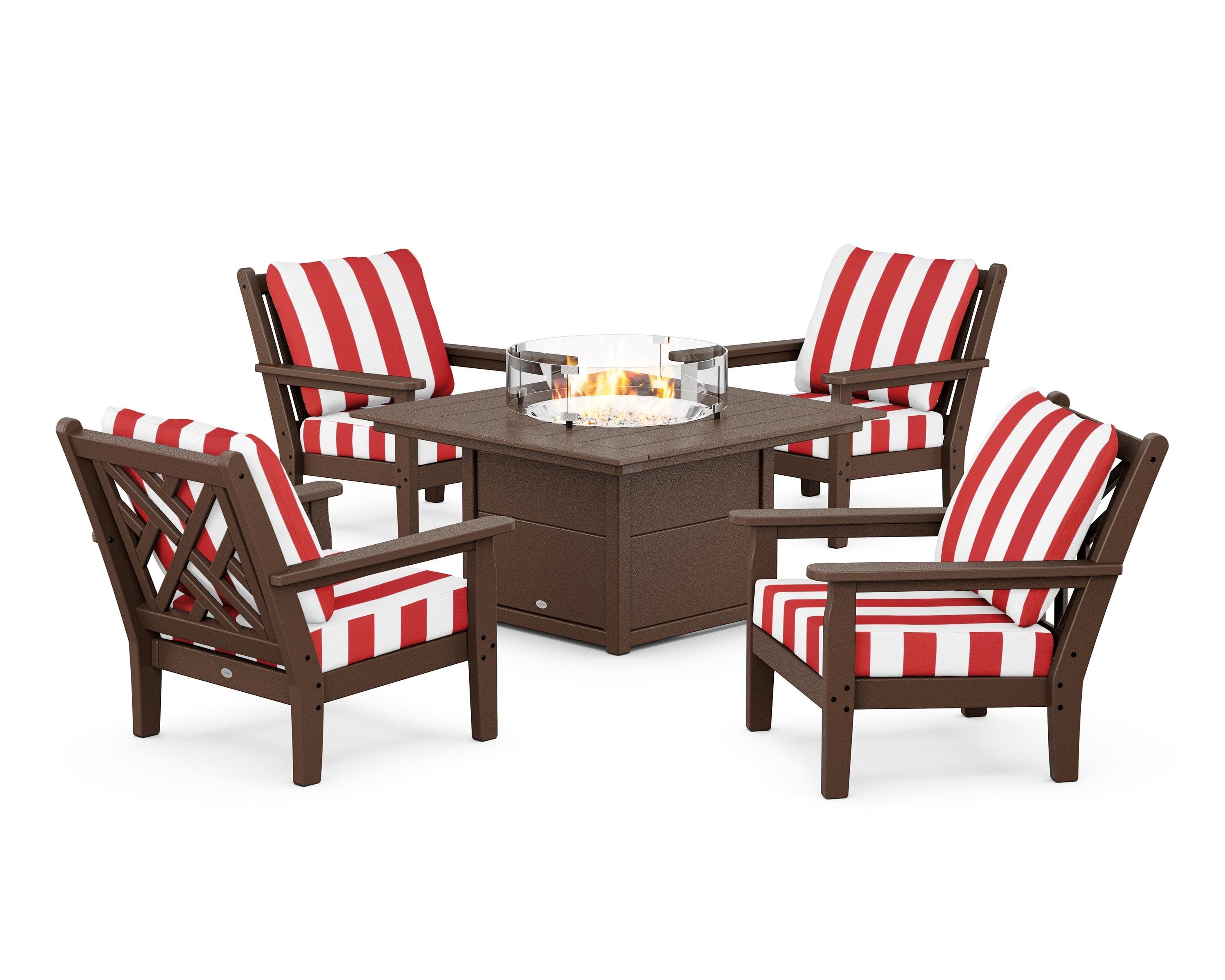 Chippendale 5-Piece Deep Seating Set with Fire Pit Table in Mahogany / Cabana Stripe Crimson