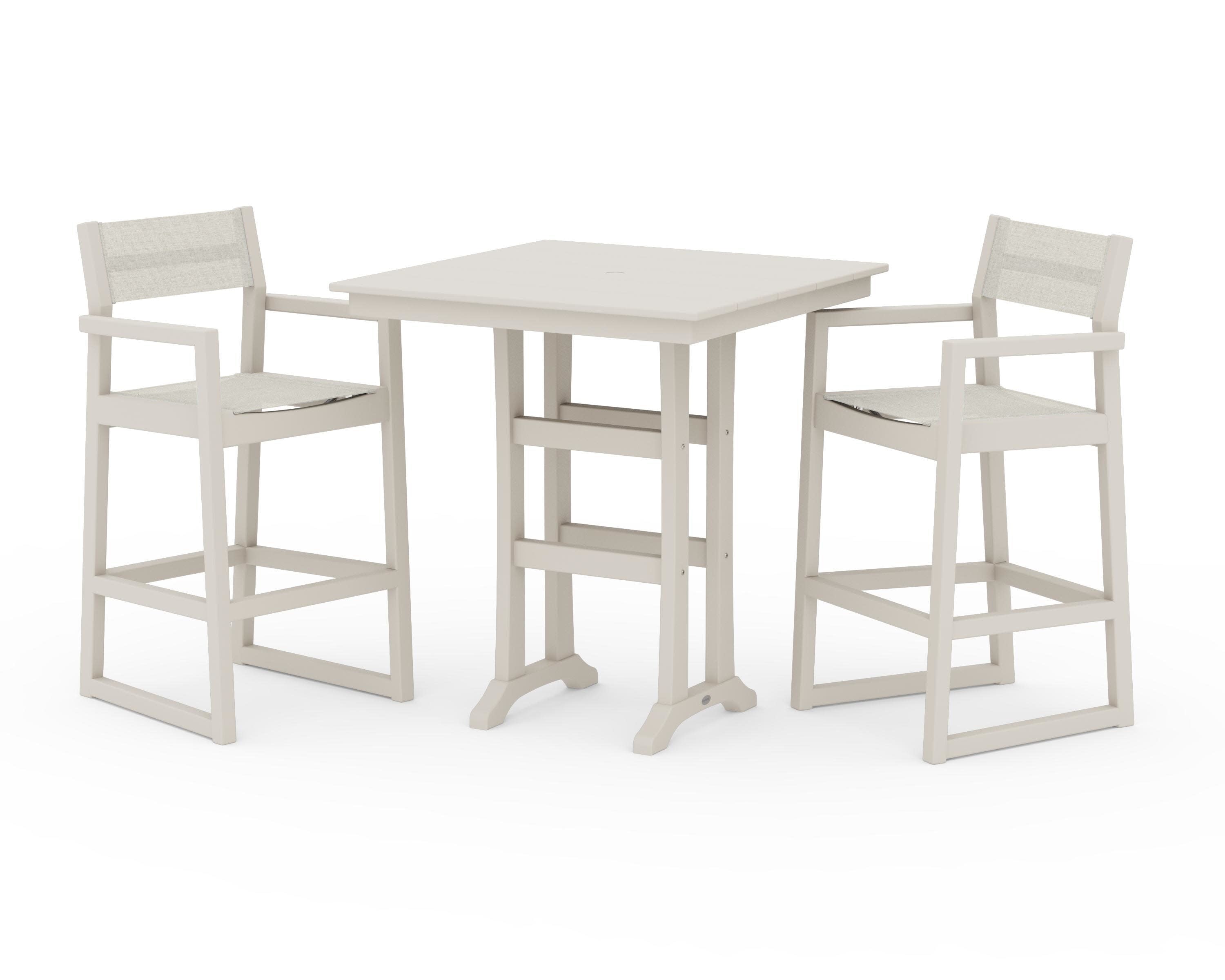 EDGE Sling Arm Chair 3-Piece Farmhouse Bar Set with Trestle Legs in Sand / Parchment Sling