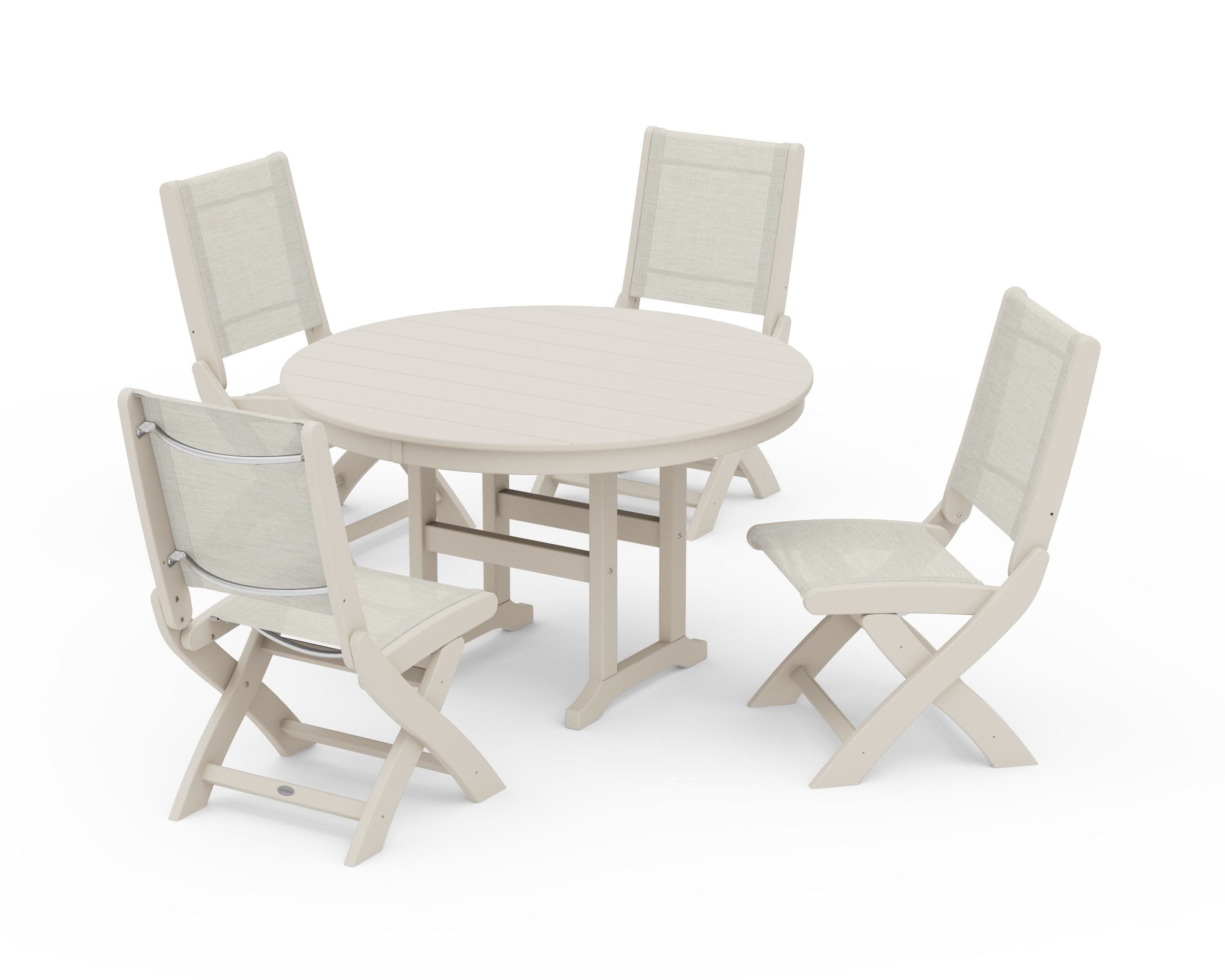 Coastal Folding Side Chair 5-Piece Round Dining Set in Sand / Parchment Sling