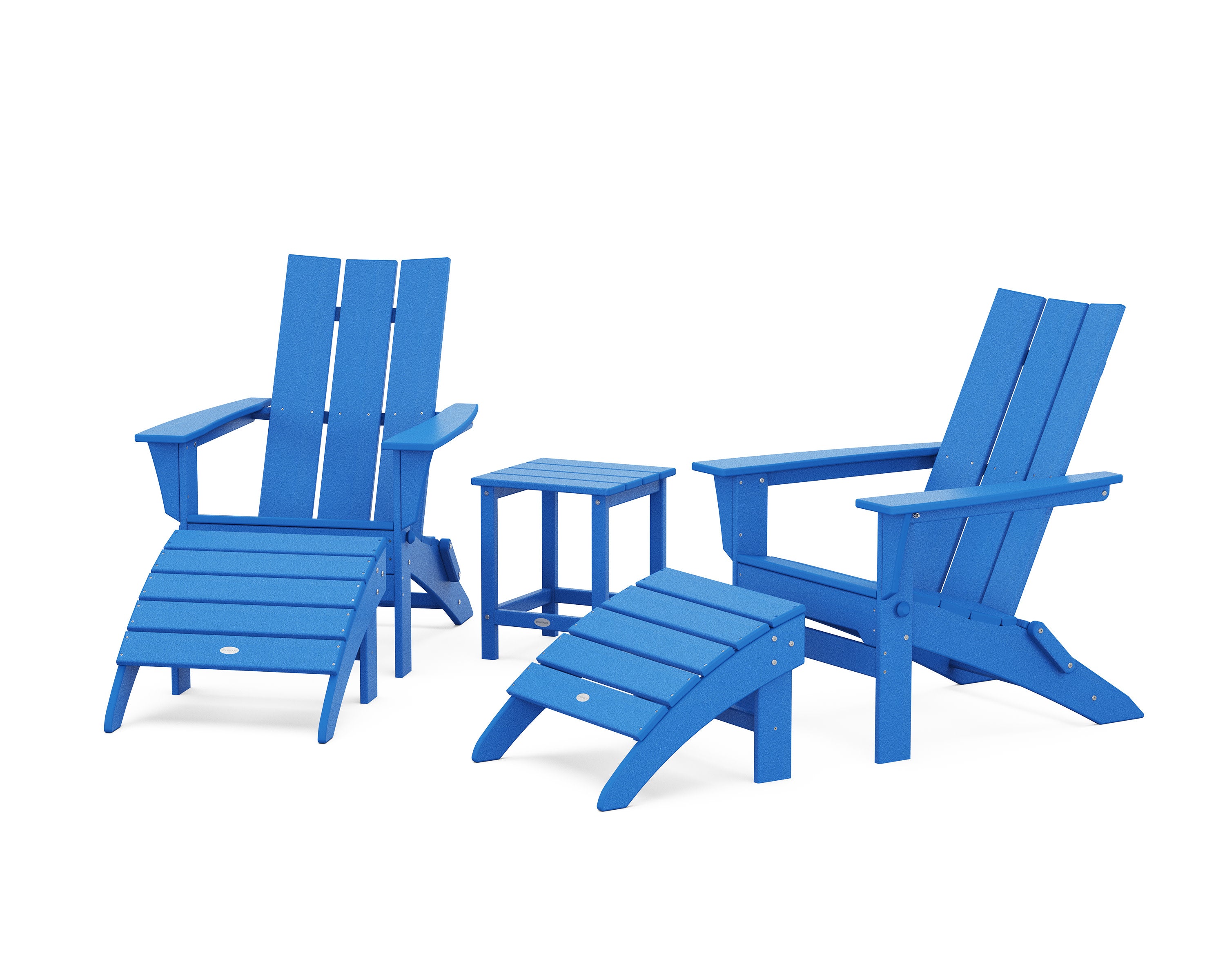Modern Folding Adirondack Chair 5-Piece Set with Ottomans and 18" Side Table in Pacific Blue