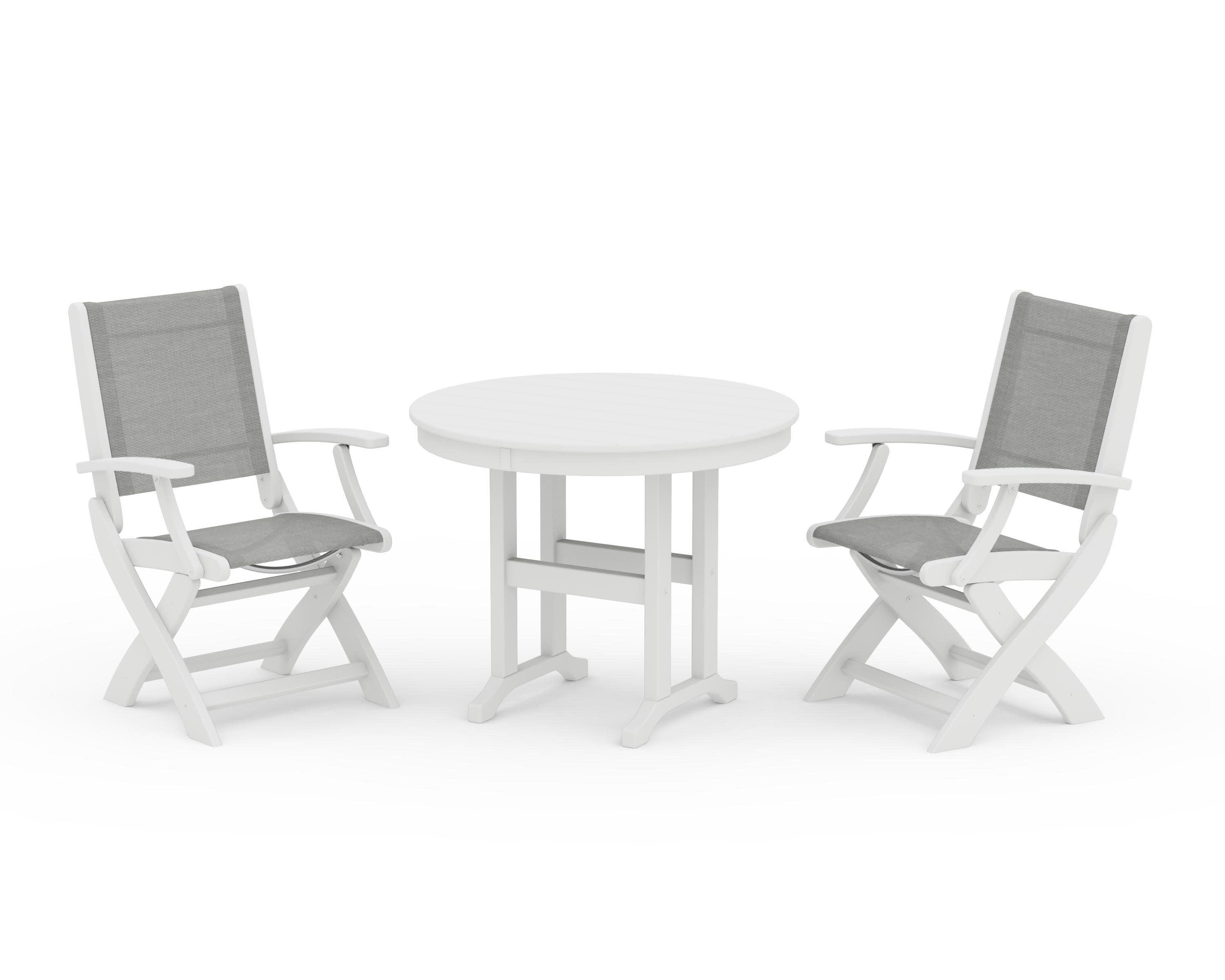 Coastal Folding Chair 3-Piece Round Dining Set in White / Metallic Sling