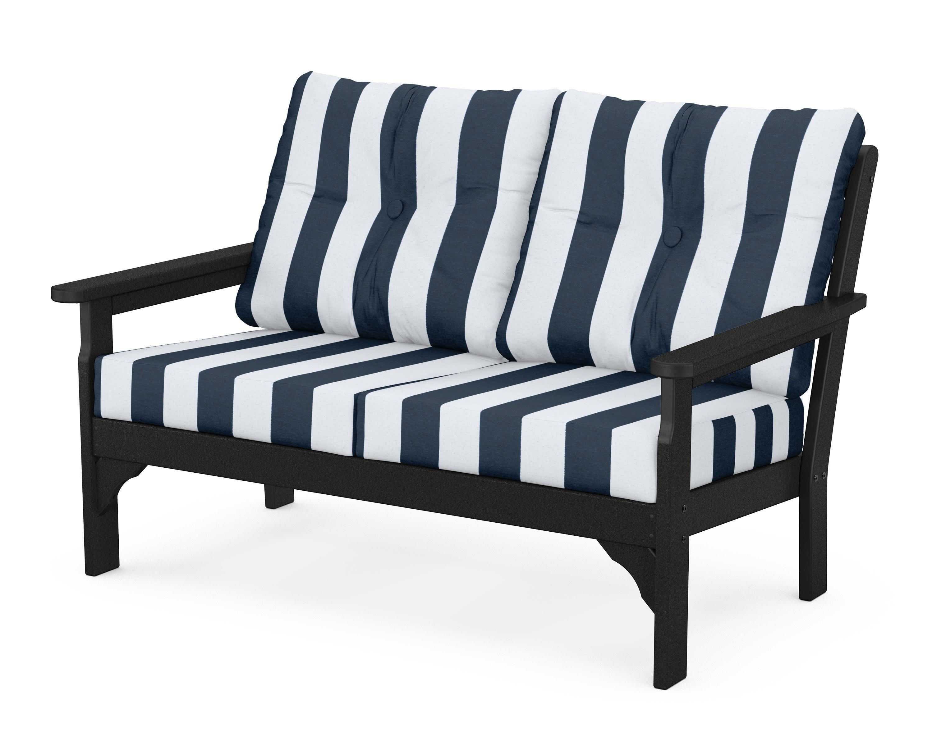 Vineyard Deep Seating Loveseat in Black / Cabana Stripe Marine Indigo
