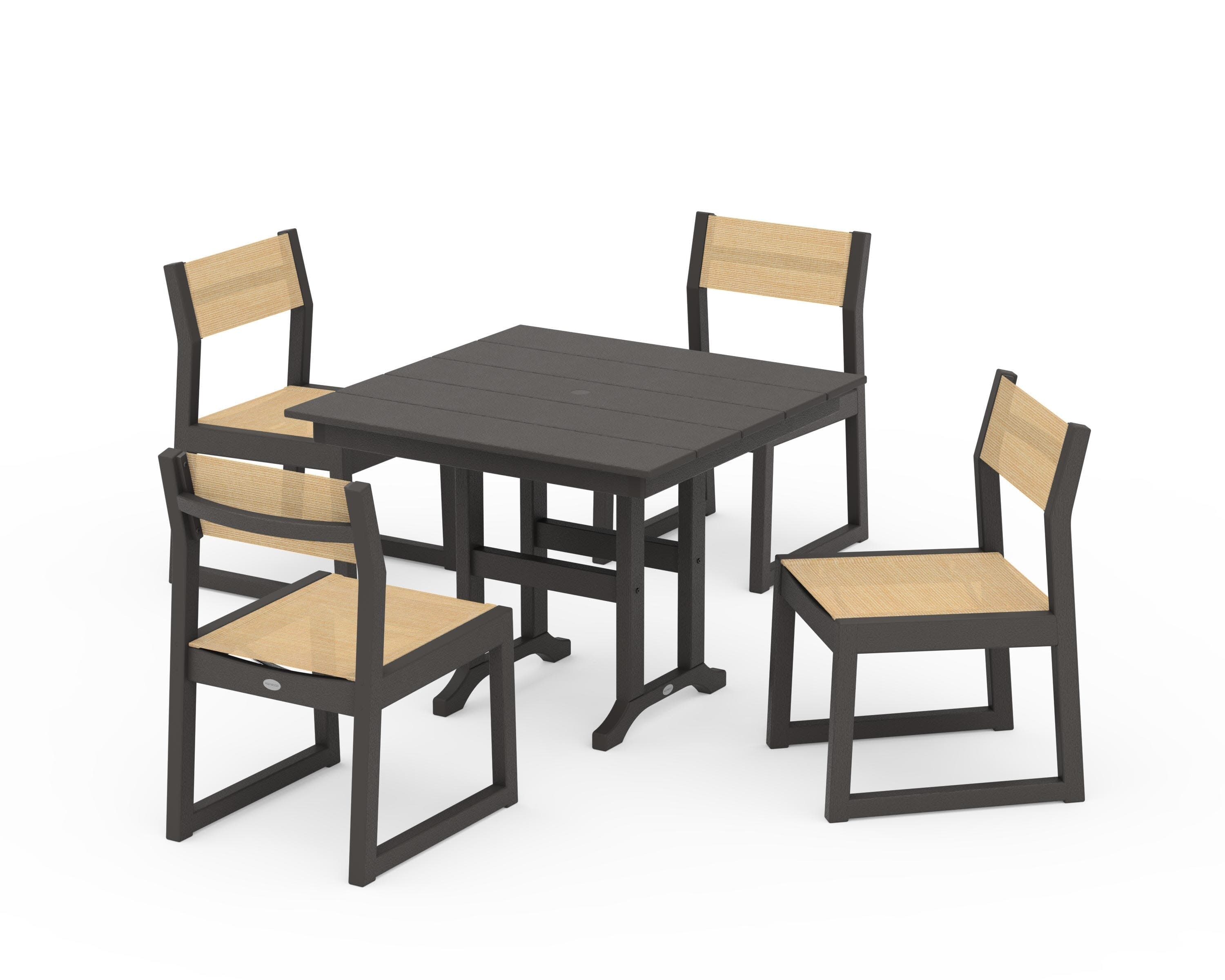 EDGE Sling Side Chair 5-Piece Farmhouse Dining Set in Vintage Coffee / Dupioni Apricot Sling