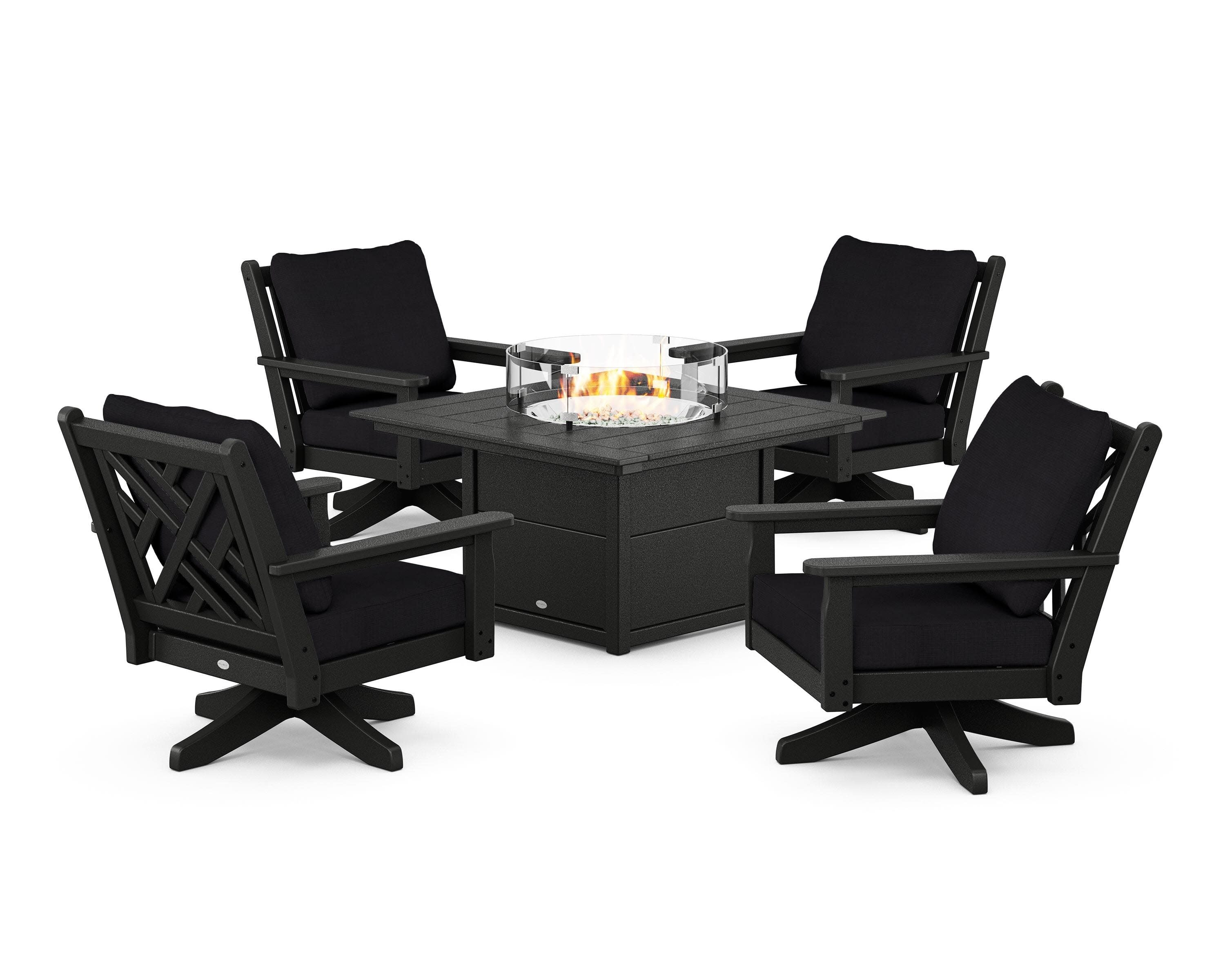 Chippendale 5-Piece Deep Seating Swivel Conversation Set with Fire Pit Table in Black / Midnight Linen