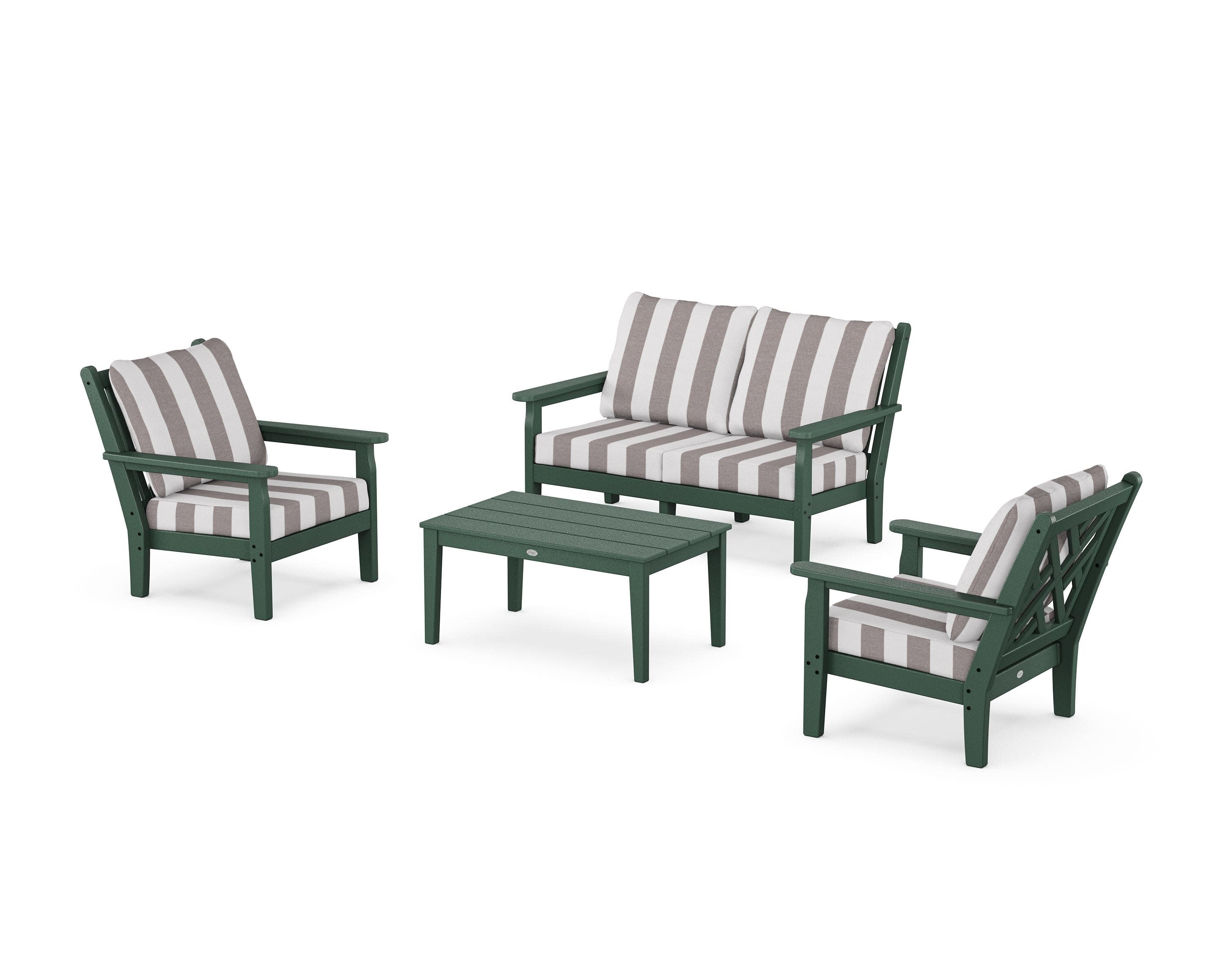 Chippendale 4-Piece Deep Seating Set with Loveseat in Green / Cabana Stripe Grey Mist
