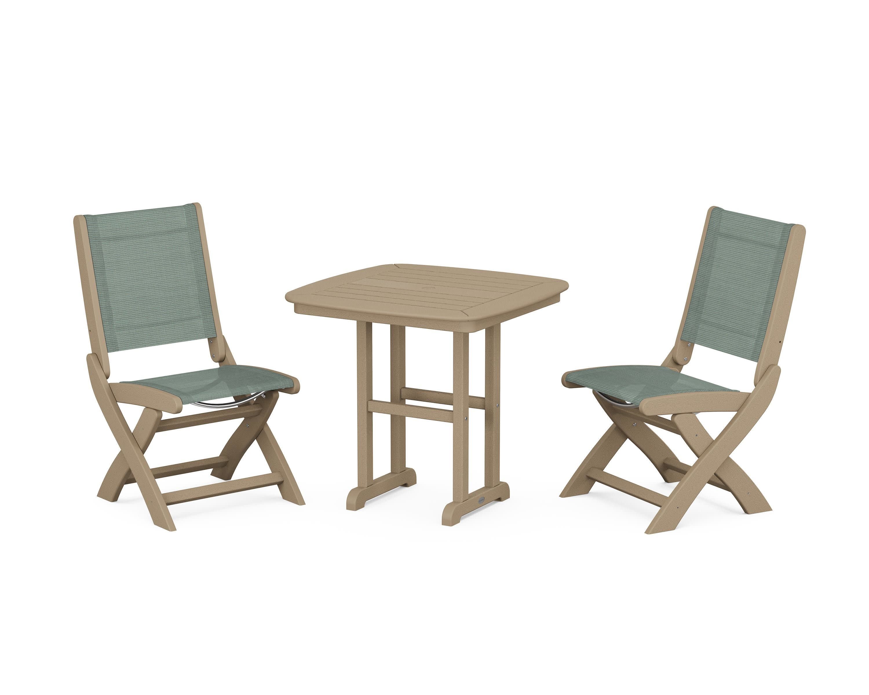 Coastal Folding Side Chair 3-Piece Dining Set in Vintage Sahara / Dupioni Sea Mist Sling