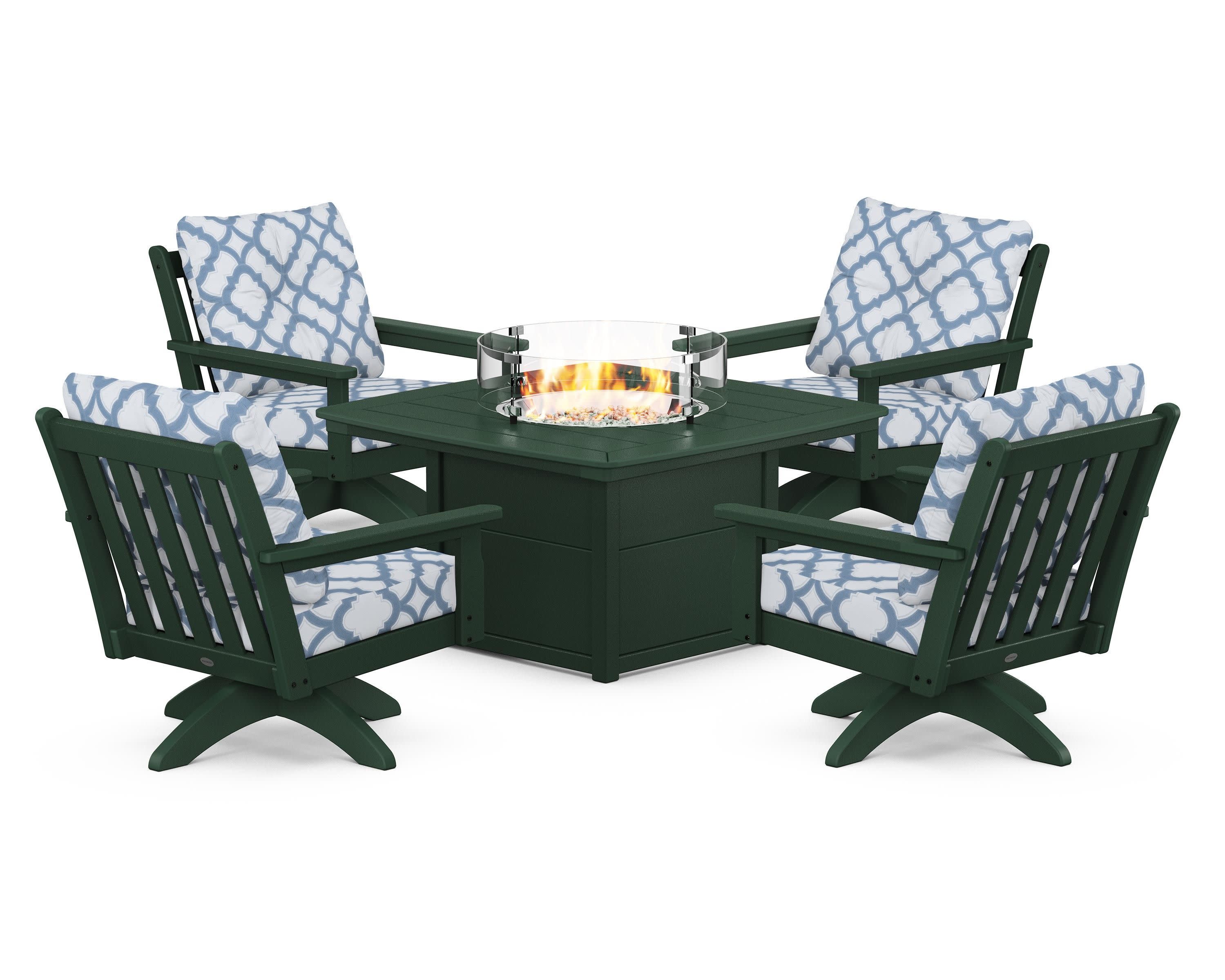 Vineyard 5-Piece Deep Seating Swivel Conversation Set with Fire Pit Table in Green / Trellis Sky Blue