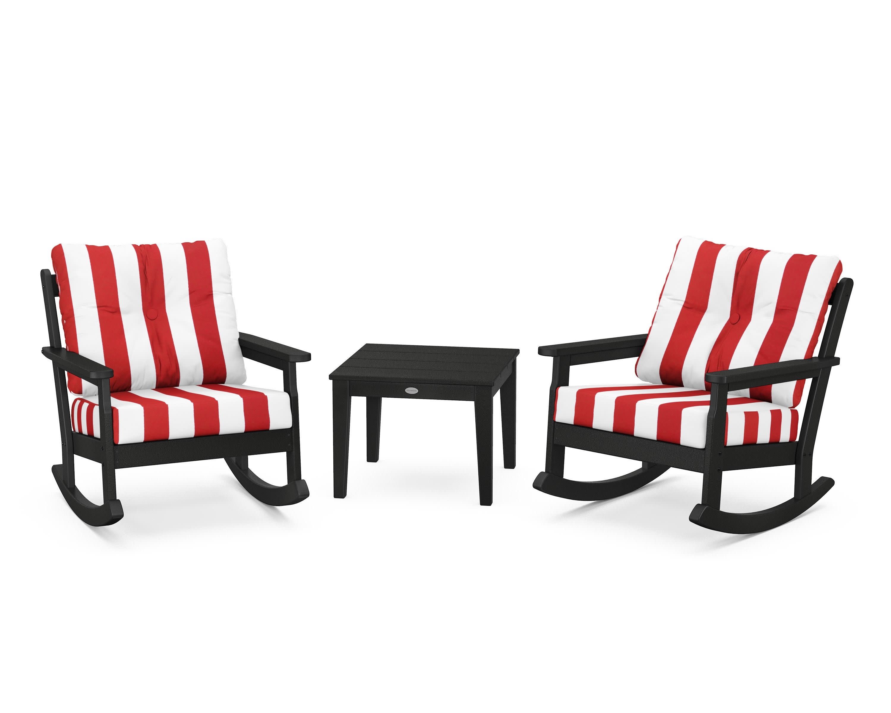 Vineyard 3-Piece Deep Seating Rocker Set in Black / Cabana Stripe Crimson