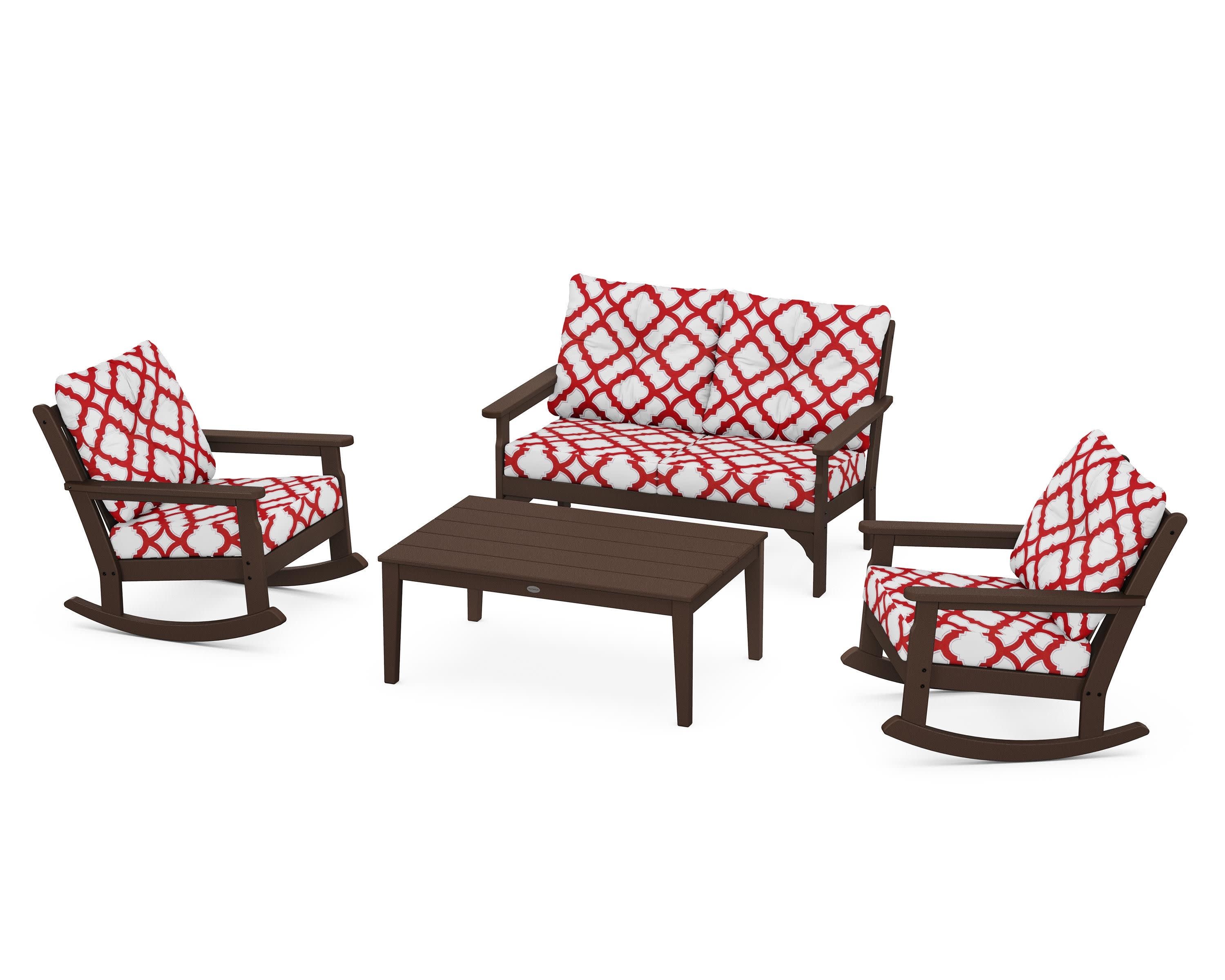 Vineyard 4-Piece Deep Seating Rocking Chair Set in Mahogany / Trellis Crimson