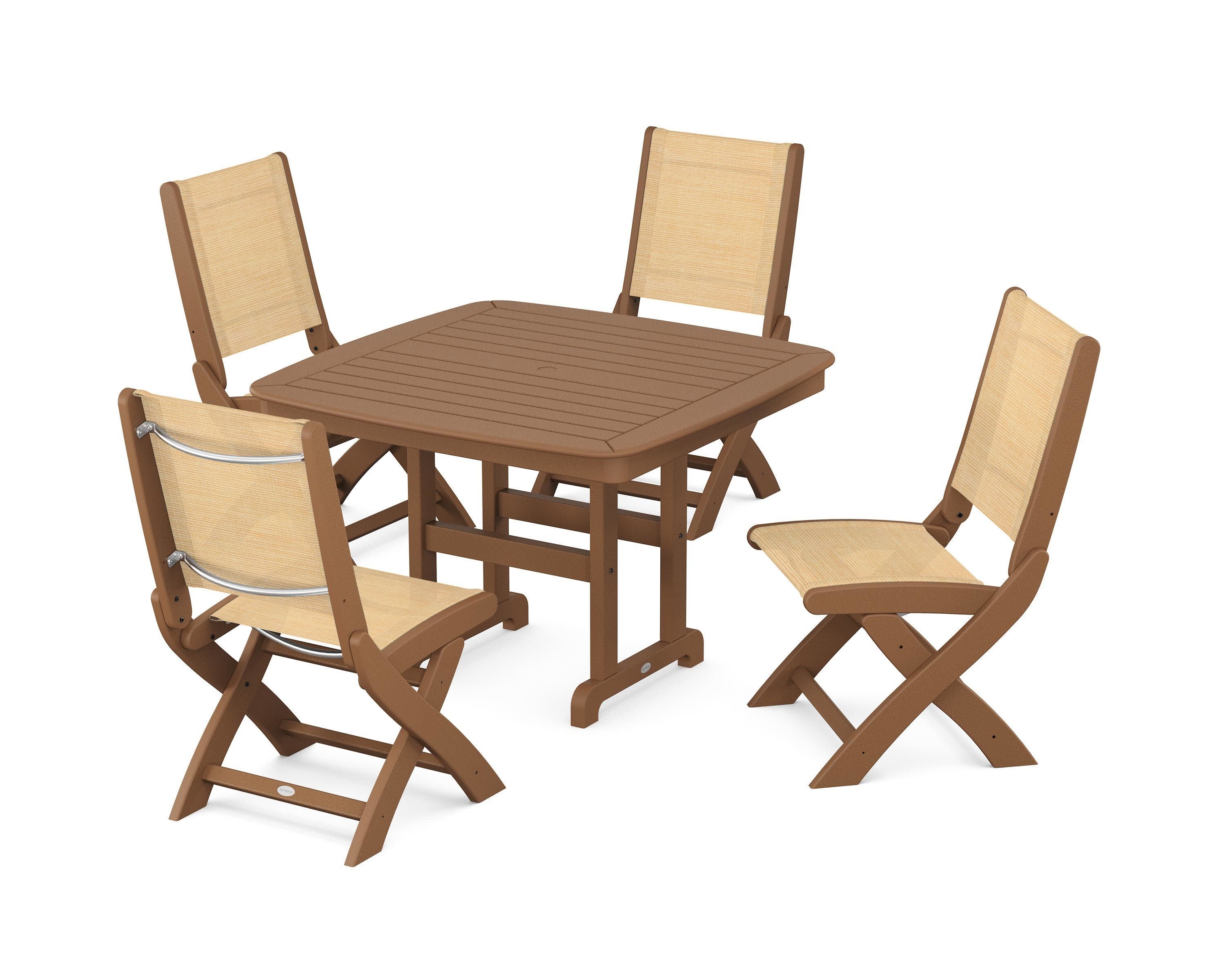 Coastal Folding Side Chair 5-Piece Dining Set in Teak / Dupioni Apricot Sling