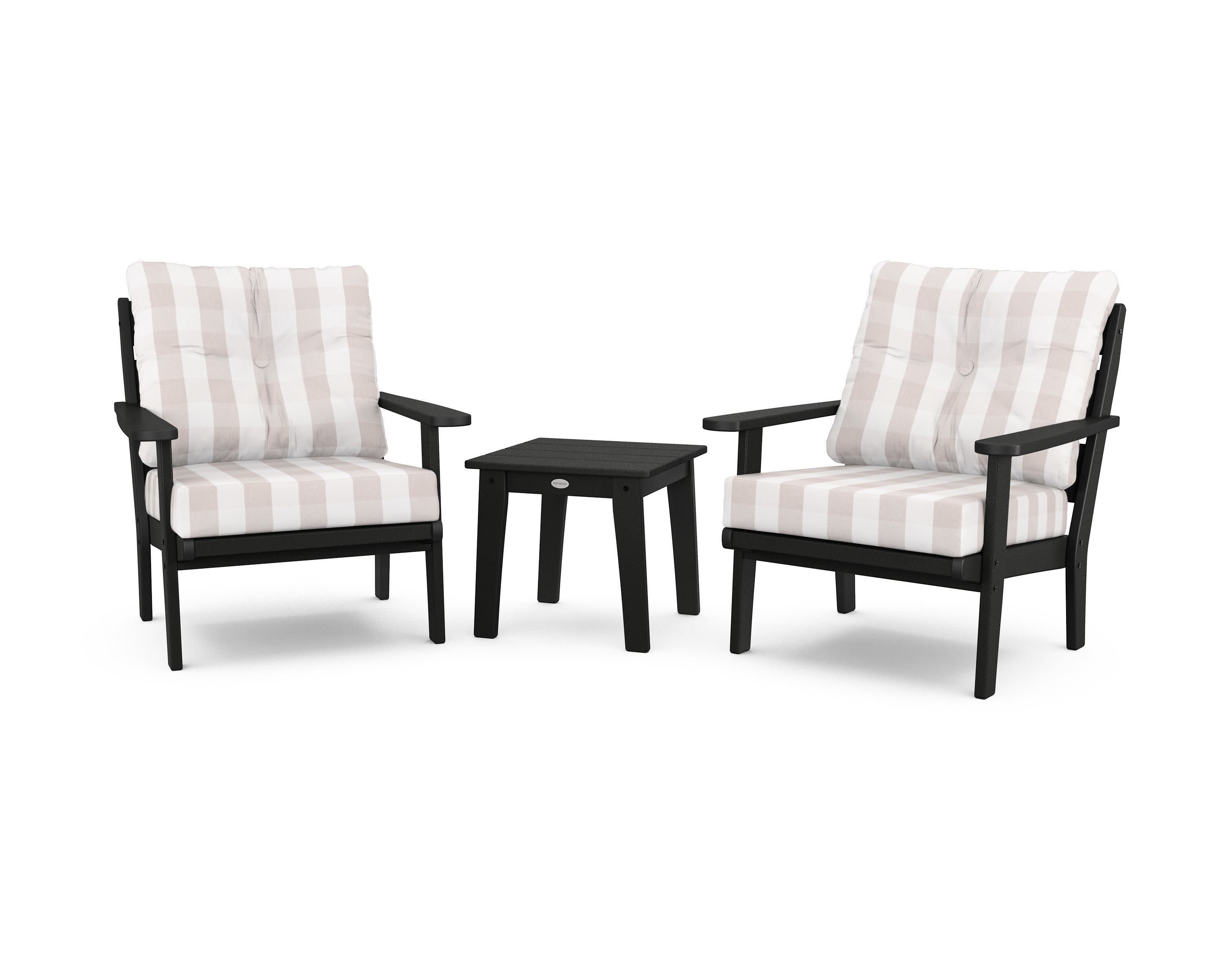 Lakeside 3-Piece Deep Seating Chair Set in Black / Buffalo Plaid Dune Burlap