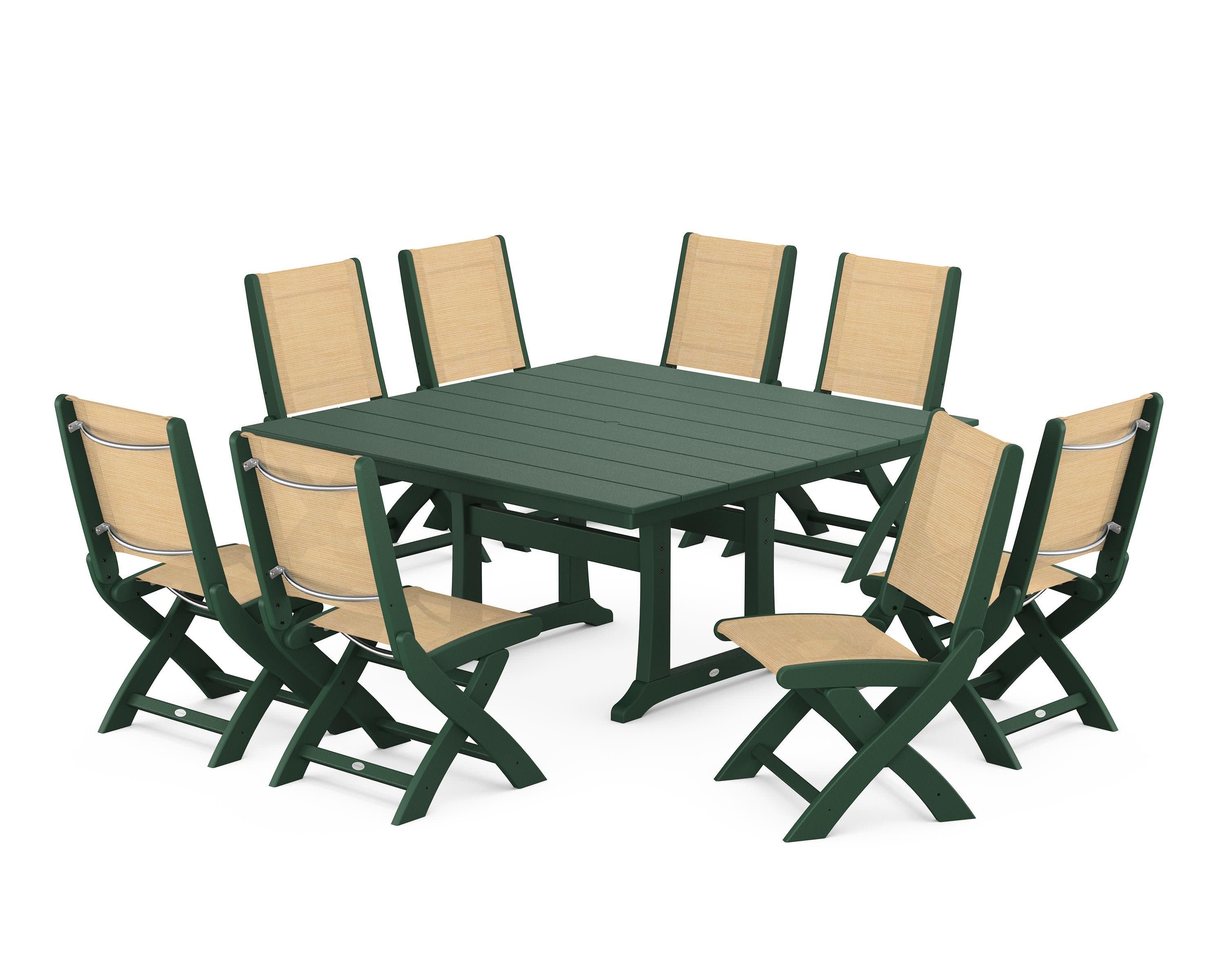 Coastal Folding Side Chair 9-Piece Farmhouse Dining Set in Green / Dupioni Apricot Sling