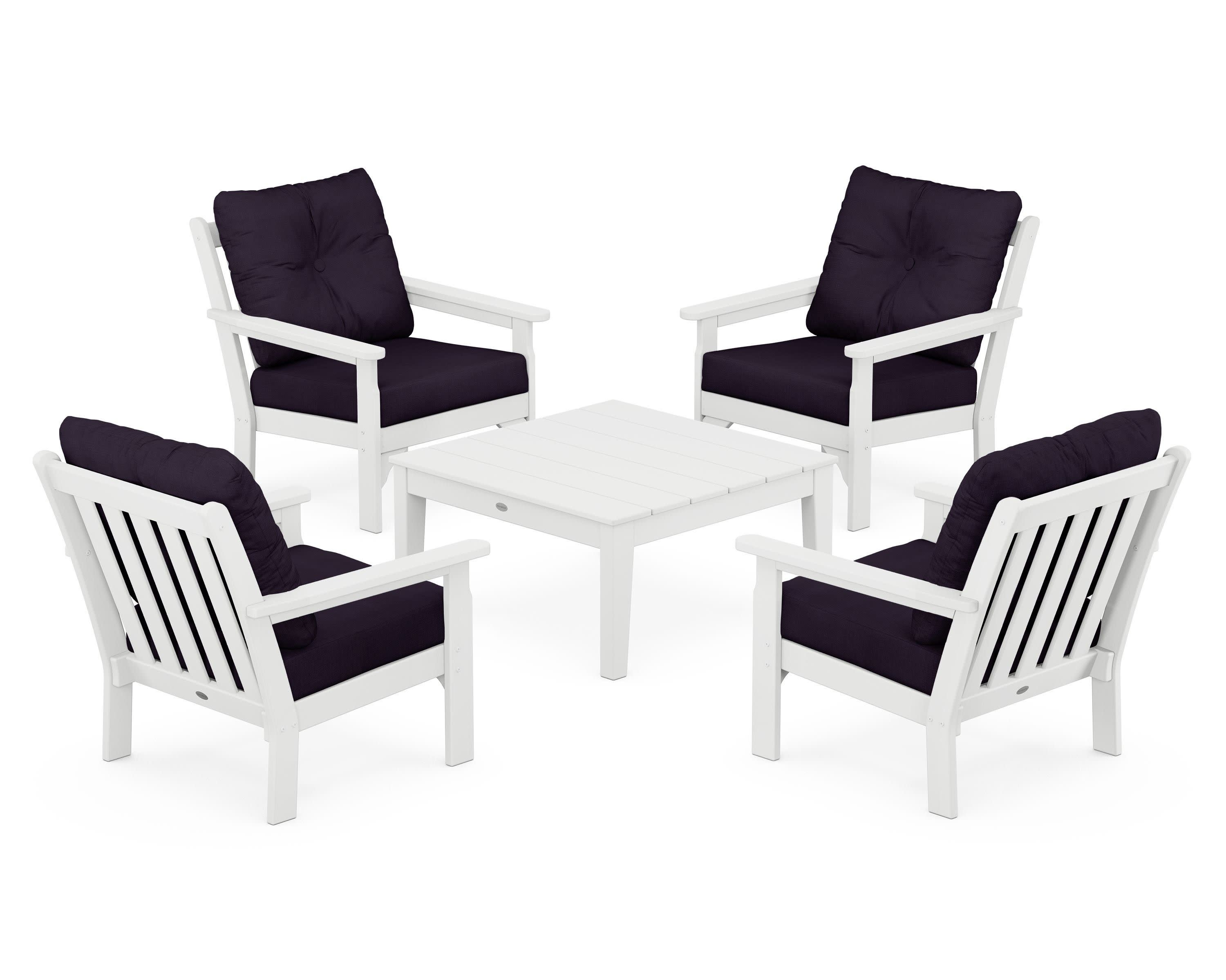 Vineyard 5-Piece Deep Seating Conversation Set in White / Navy Linen