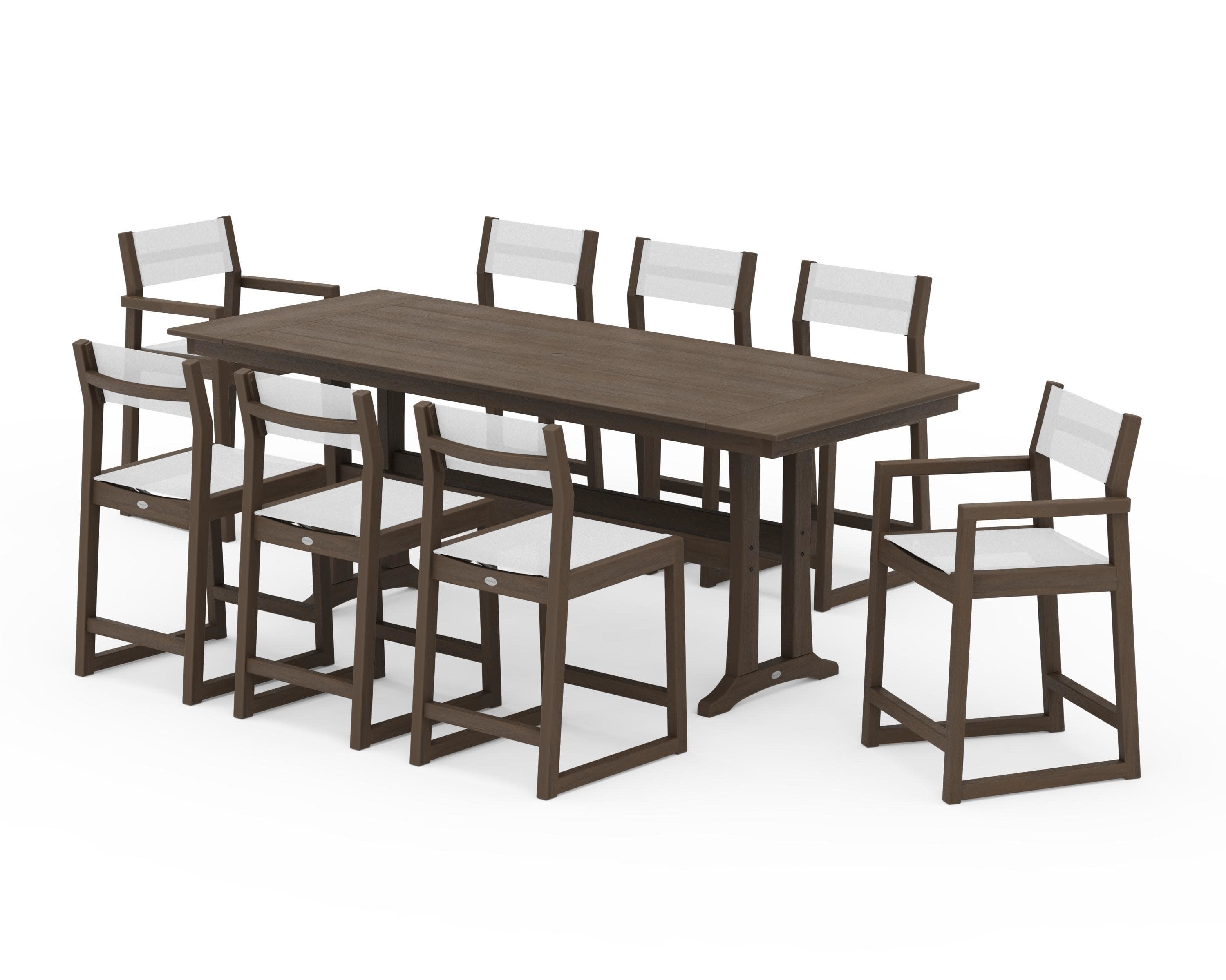 EDGE Sling 9-Piece Farmhouse Counter Set with Trestle Legs in Kona / White Sling