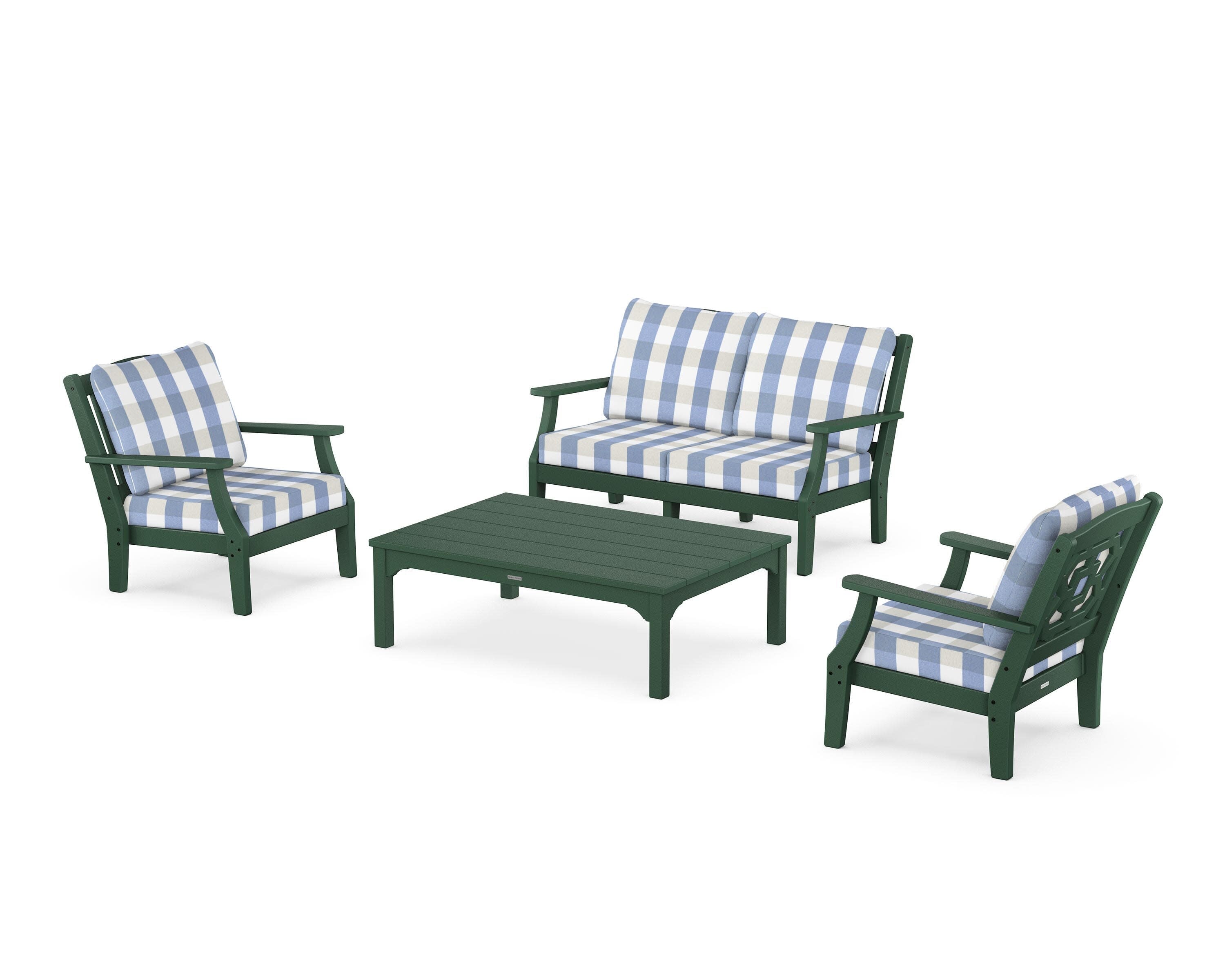 Chinoiserie 4-Piece Deep Seating Set with Loveseat in Green / Buffalo Plaid Sky Blue