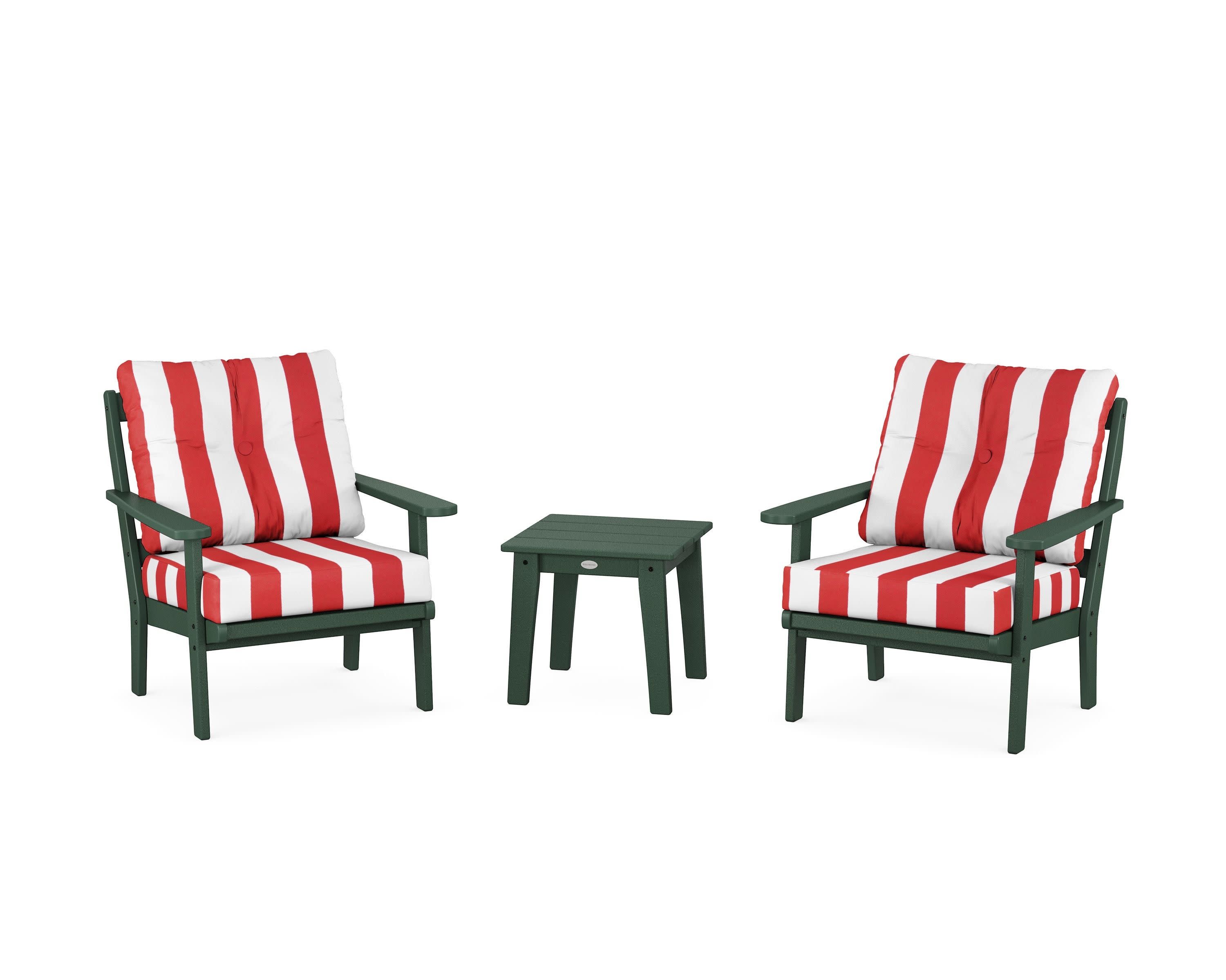 Mission 3-Piece Deep Seating Set in Green / Cabana Stripe Crimson