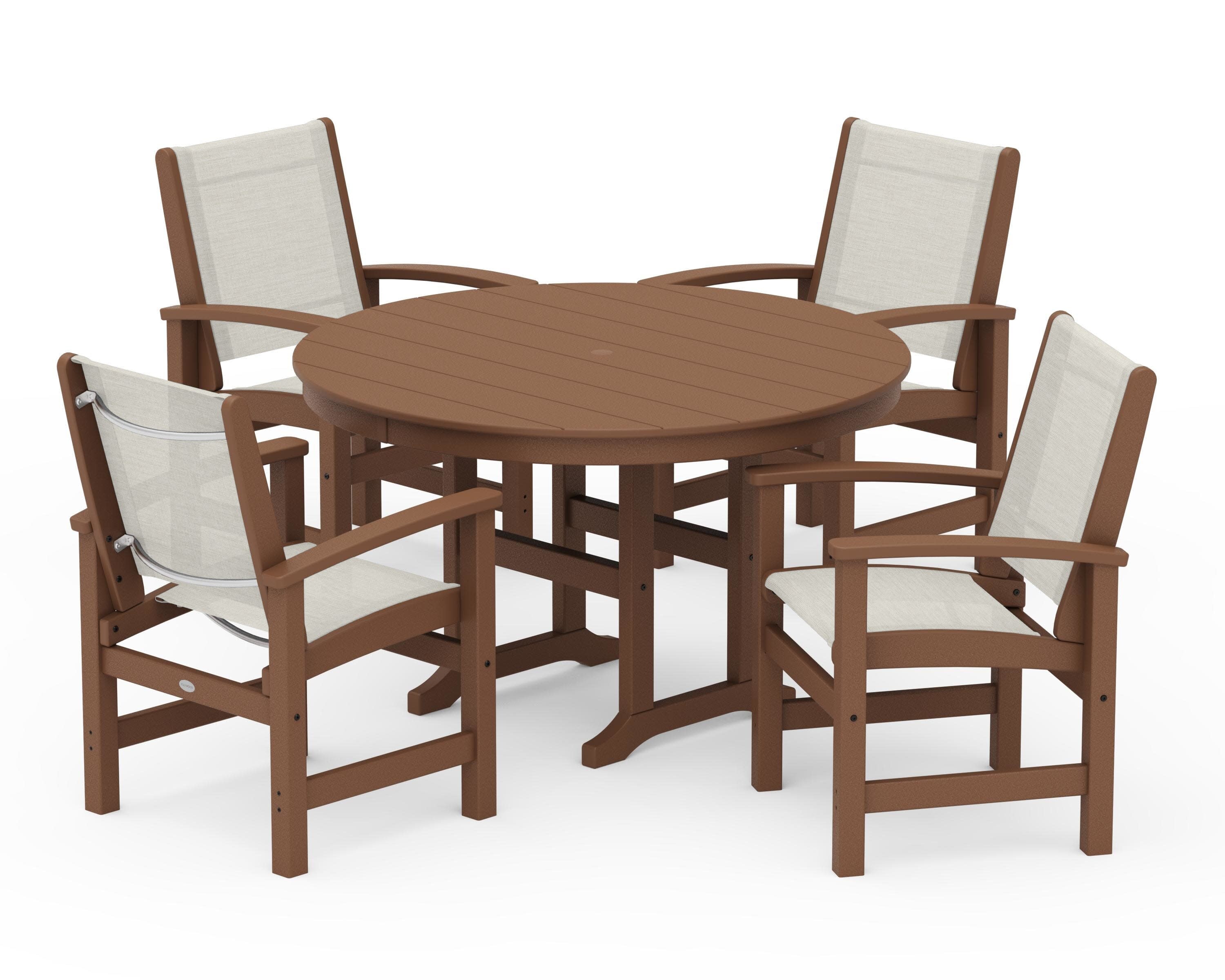 Coastal 5-Piece Round Farmhouse Dining Set in Teak / Parchment Sling