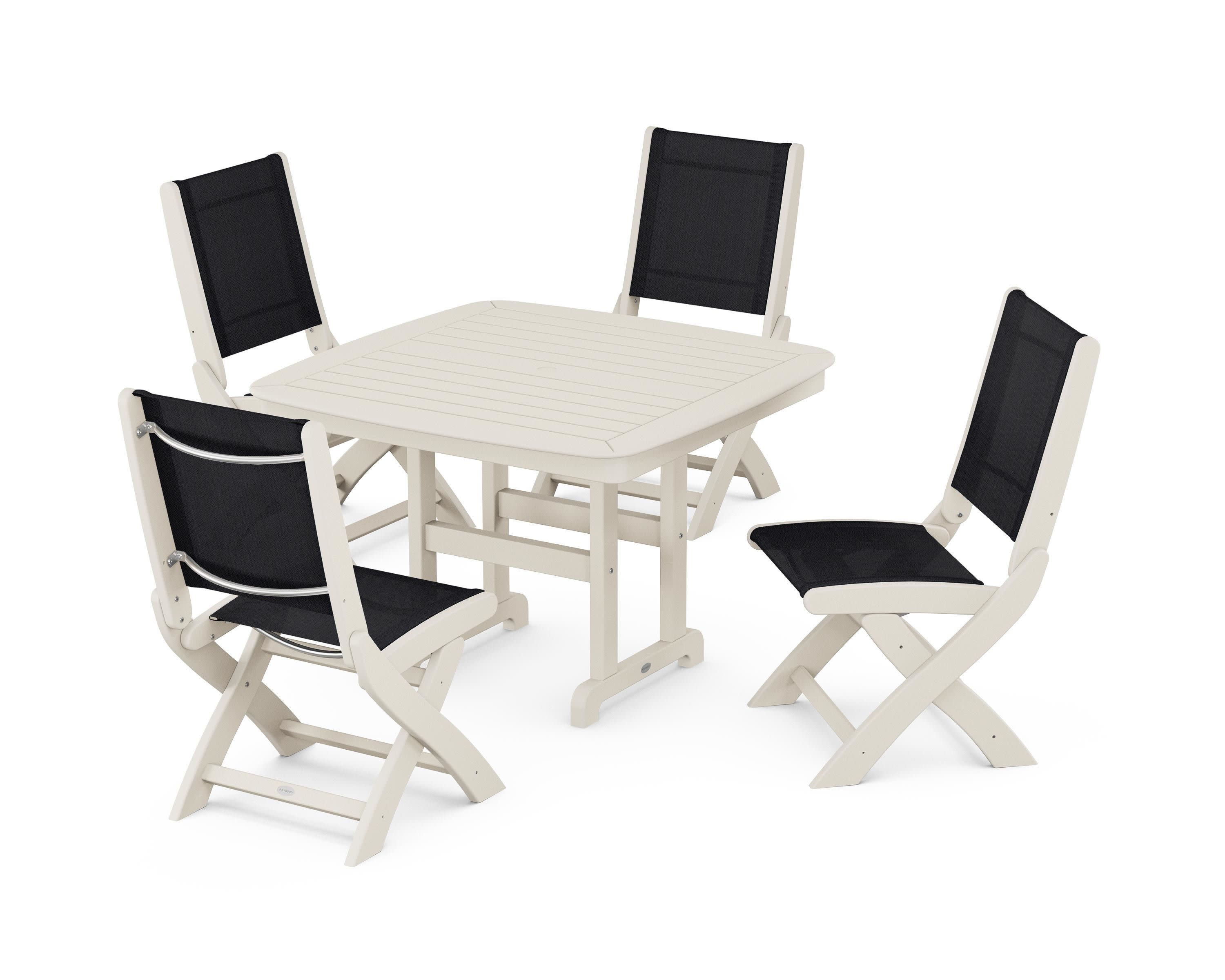 Coastal Folding Side Chair 5-Piece Dining Set in Sand / Black Sling