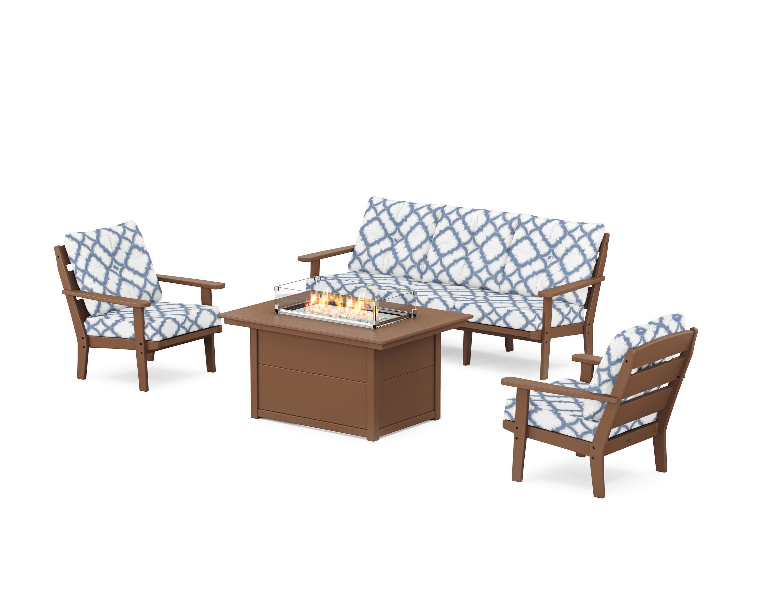 Lakeside Deep Seating Fire Pit Table Set in Teak / Trellis Sky Blue
