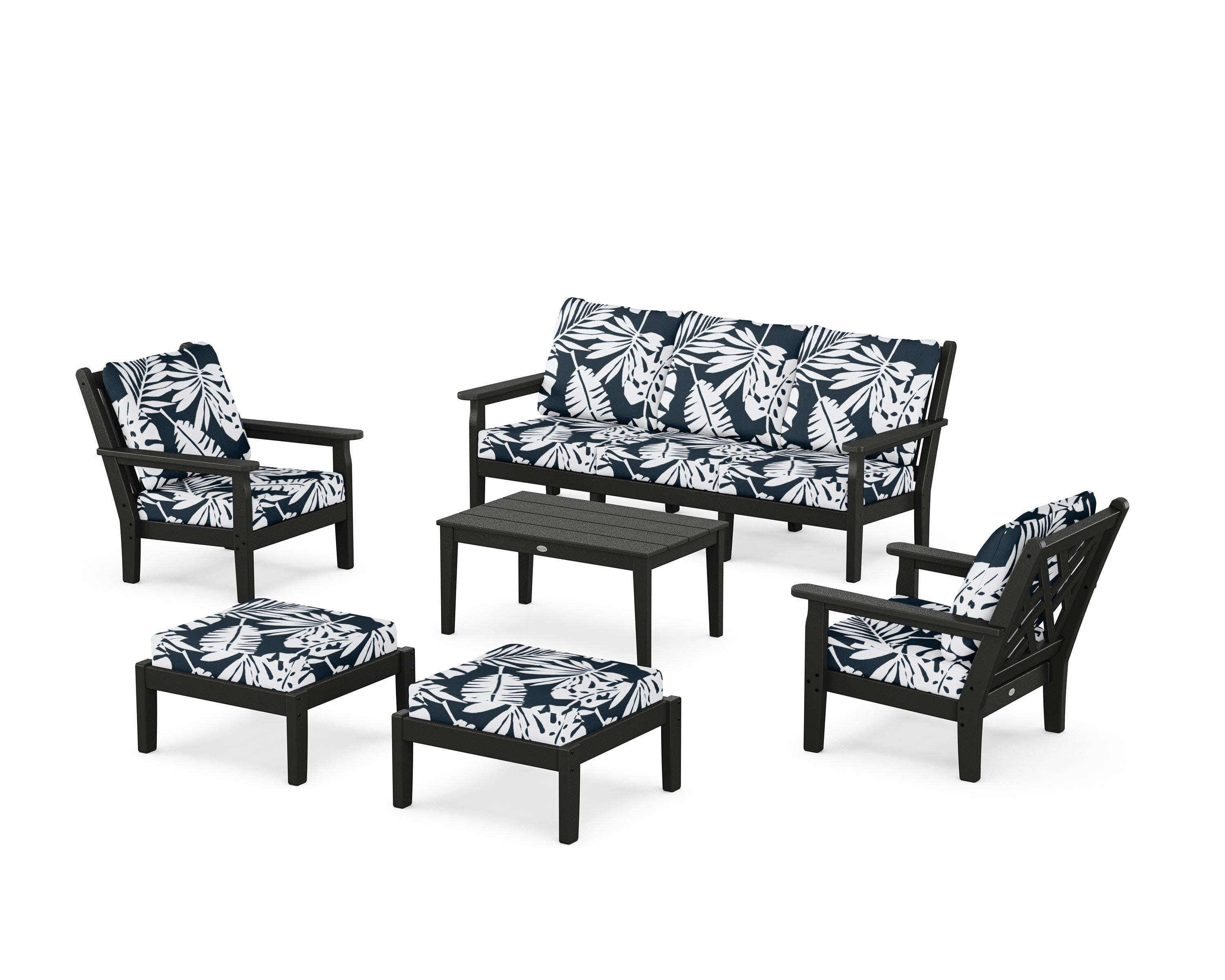 Chippendale 6-Piece Lounge Sofa Set in Black / Leaf Marine Indigo