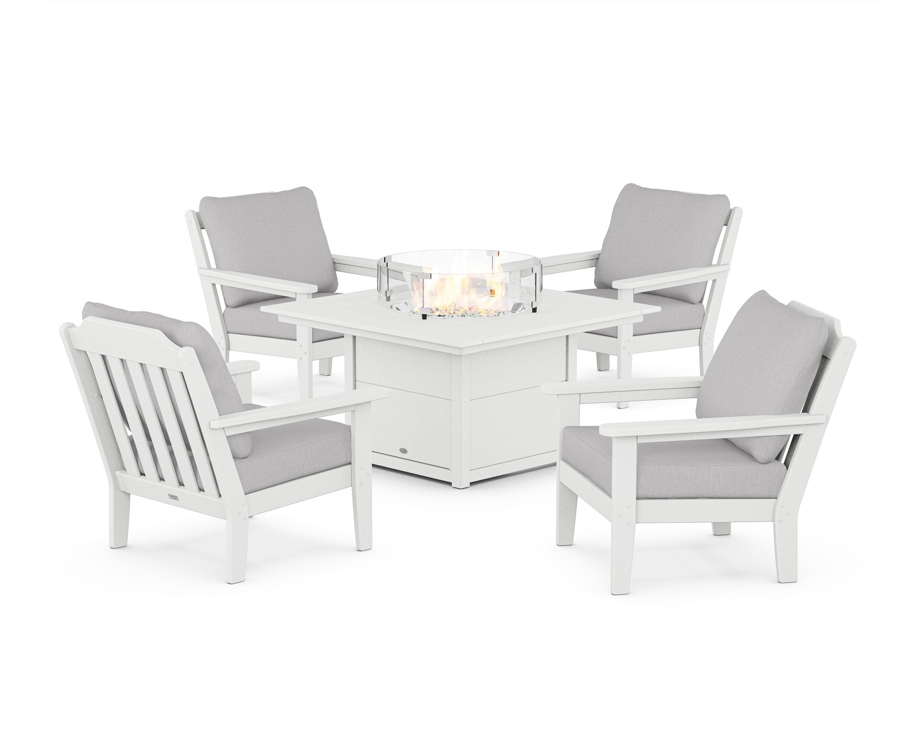 Cottage 5-Piece Deep Seating Set with Fire Pit Table in White / Granite