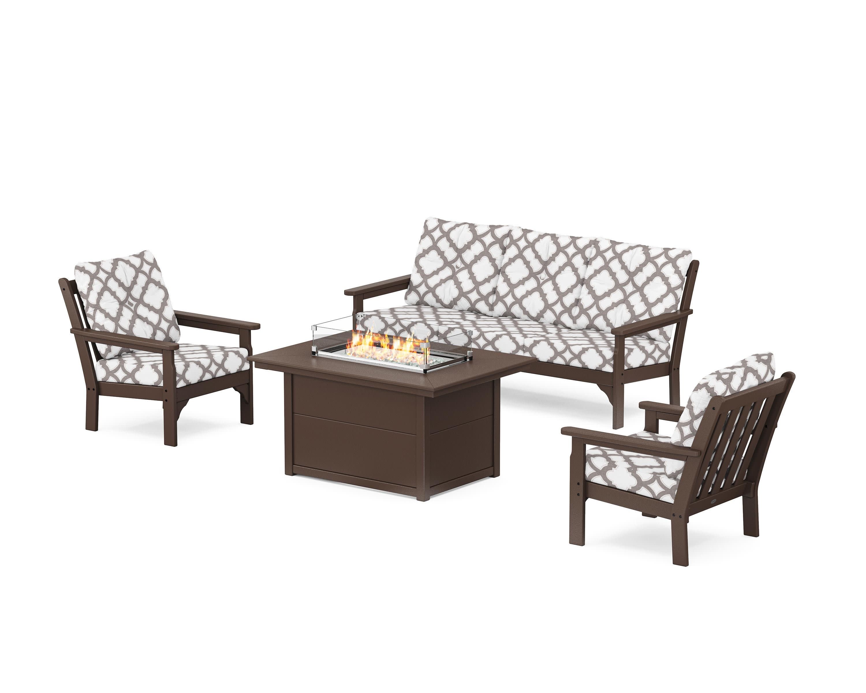 Vineyard Deep Seating Fire Pit Table Set in Mahogany / Trellis Grey Mist