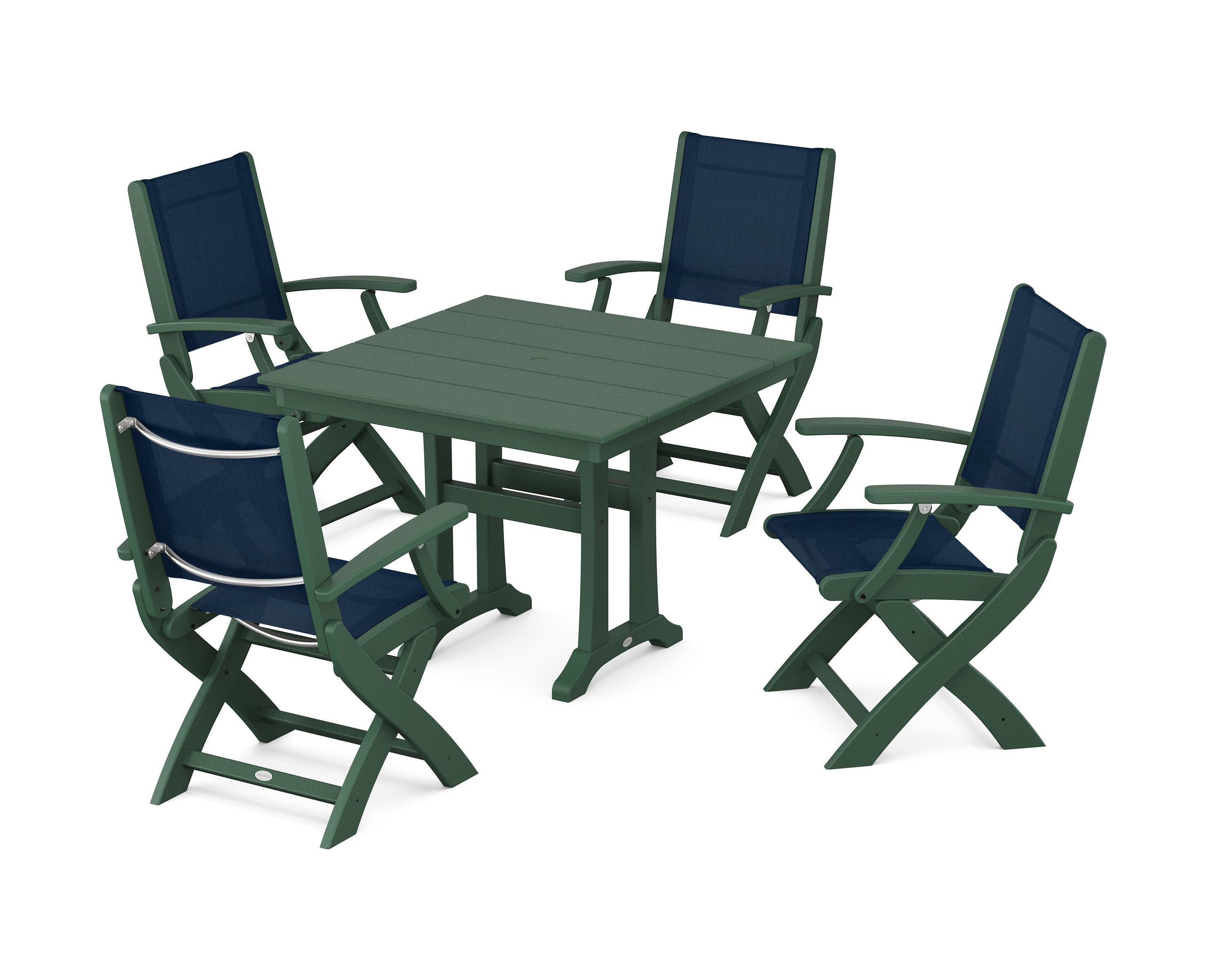 Coastal Folding Chair 5-Piece Farmhouse Dining Set With Trestle Legs in Green / Navy Blue Sling