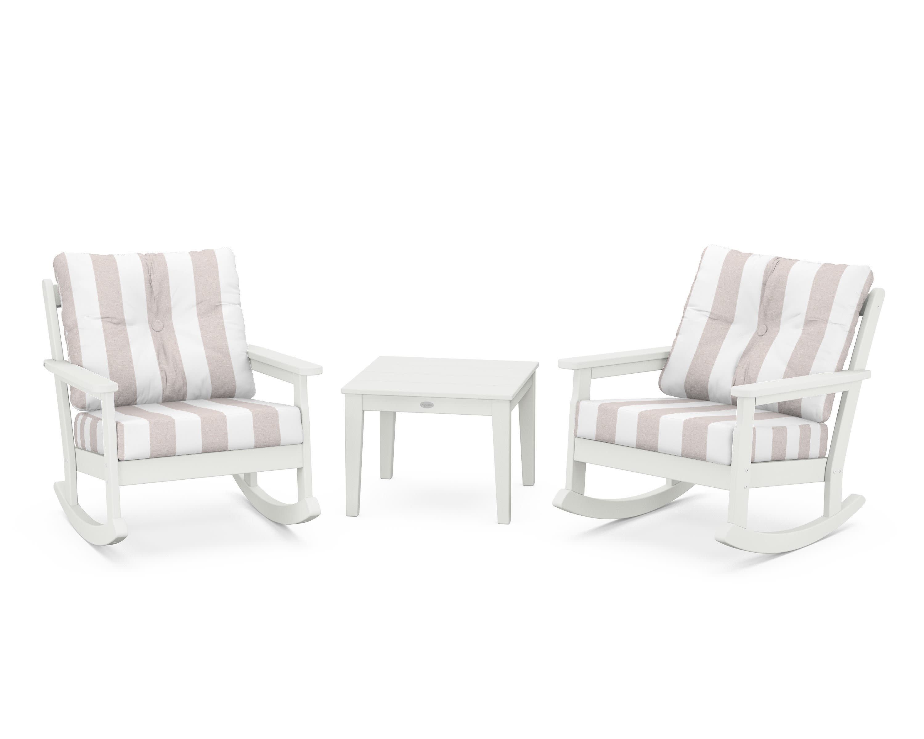 Vineyard 3-Piece Deep Seating Rocker Set in Vintage White / Cabana Stripe Dune Burlap