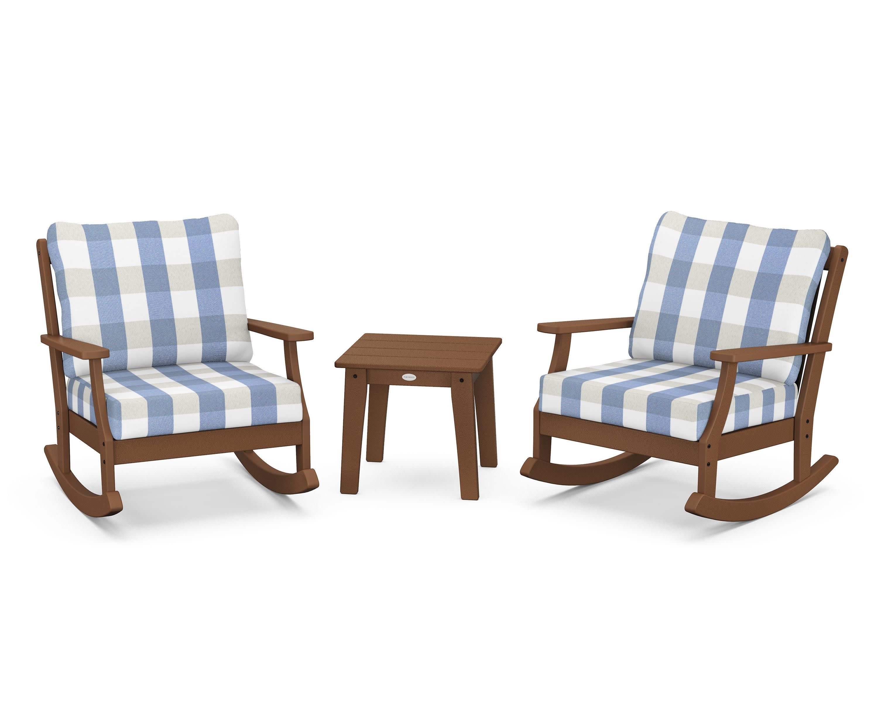 Braxton 3-Piece Deep Seating Rocker Set in Teak / Buffalo Plaid Sky Blue