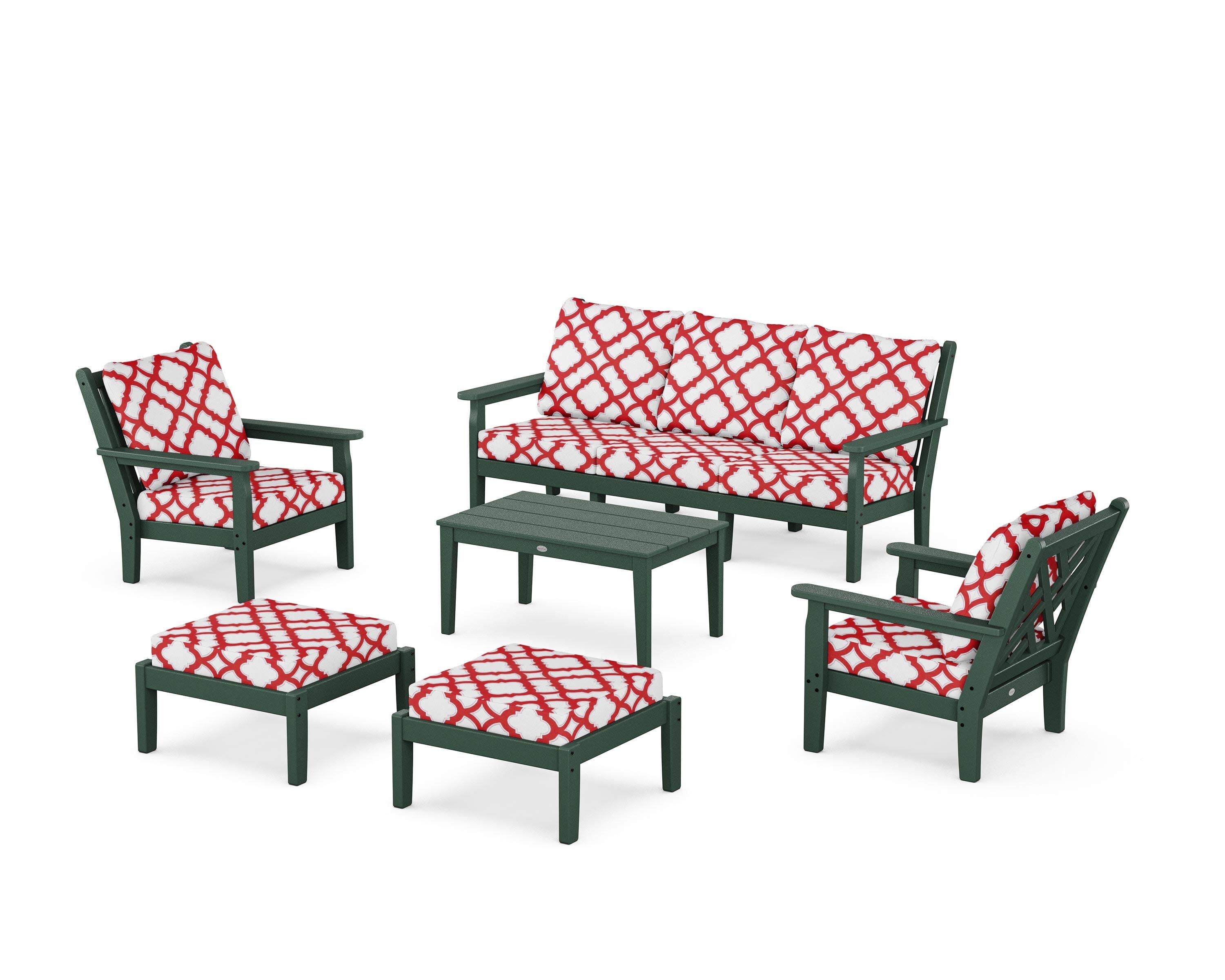 Chippendale 6-Piece Lounge Sofa Set in Green / Trellis Crimson