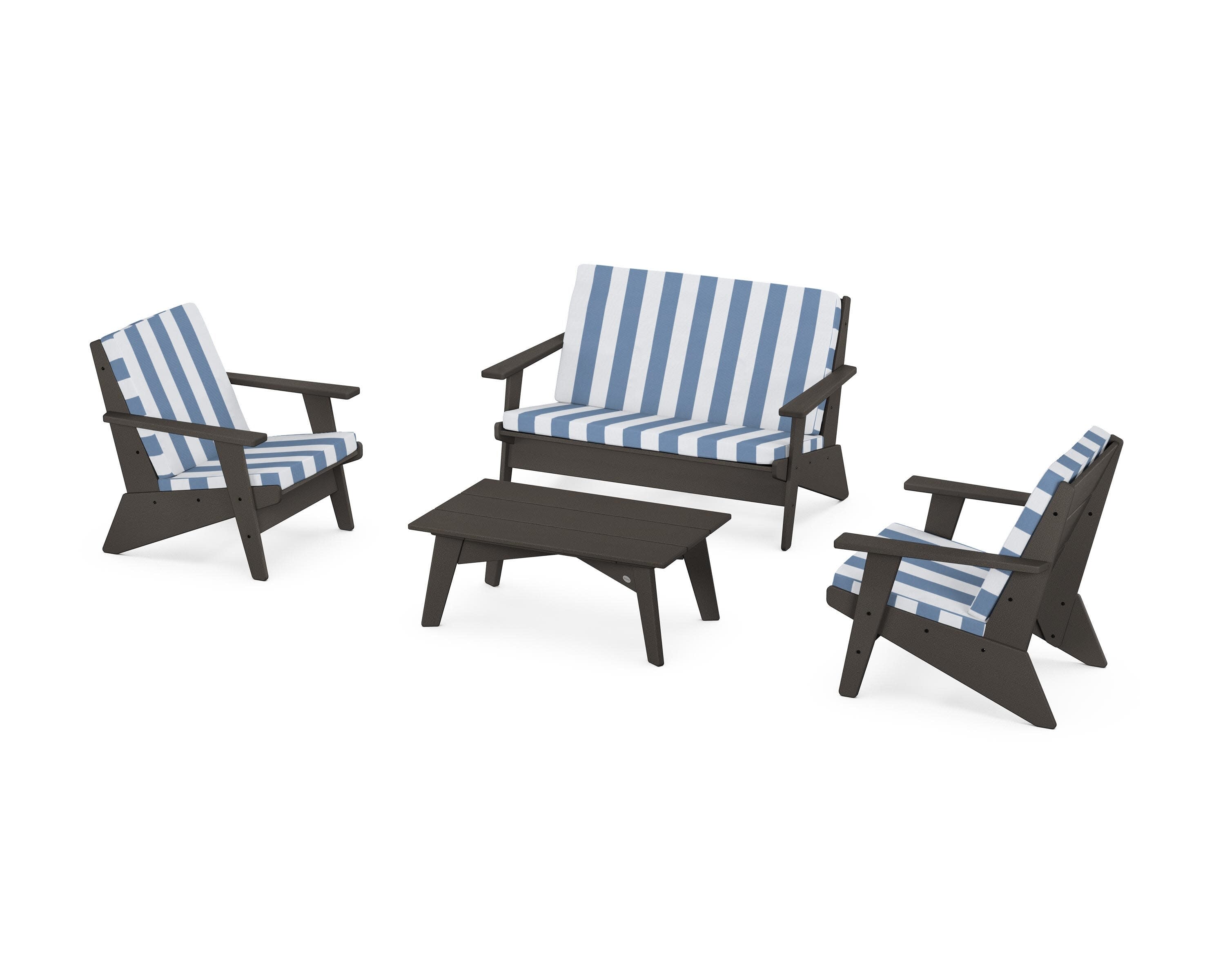 Riviera Modern Lounge 4-Piece Set in Vintage Coffee / Cabana Stripe Sky Blue