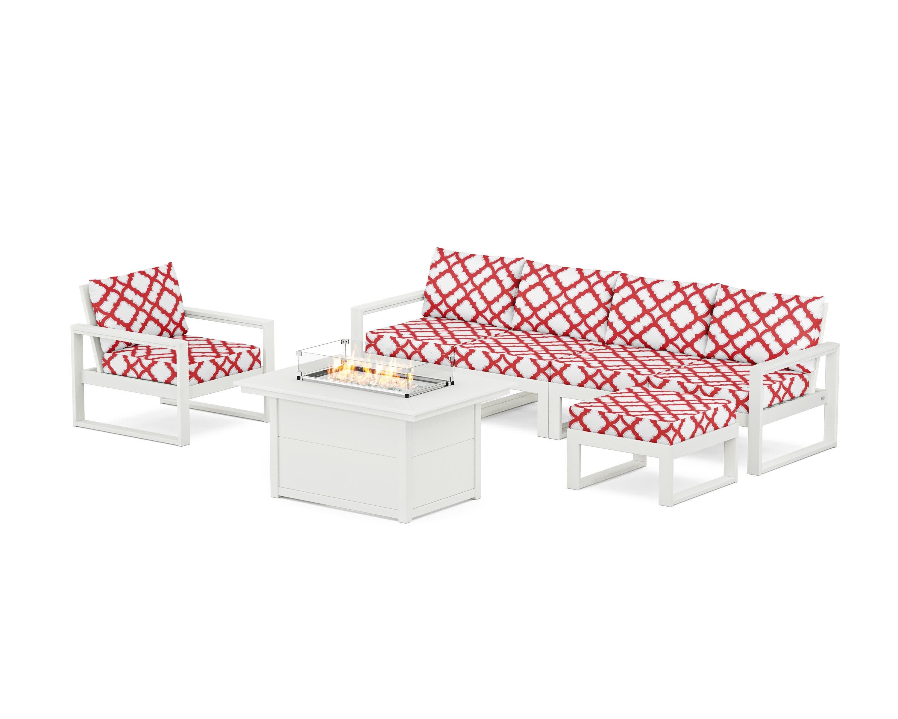 EDGE Sectional Lounge and Fire Pit Set in Vintage White / Trellis Crimson