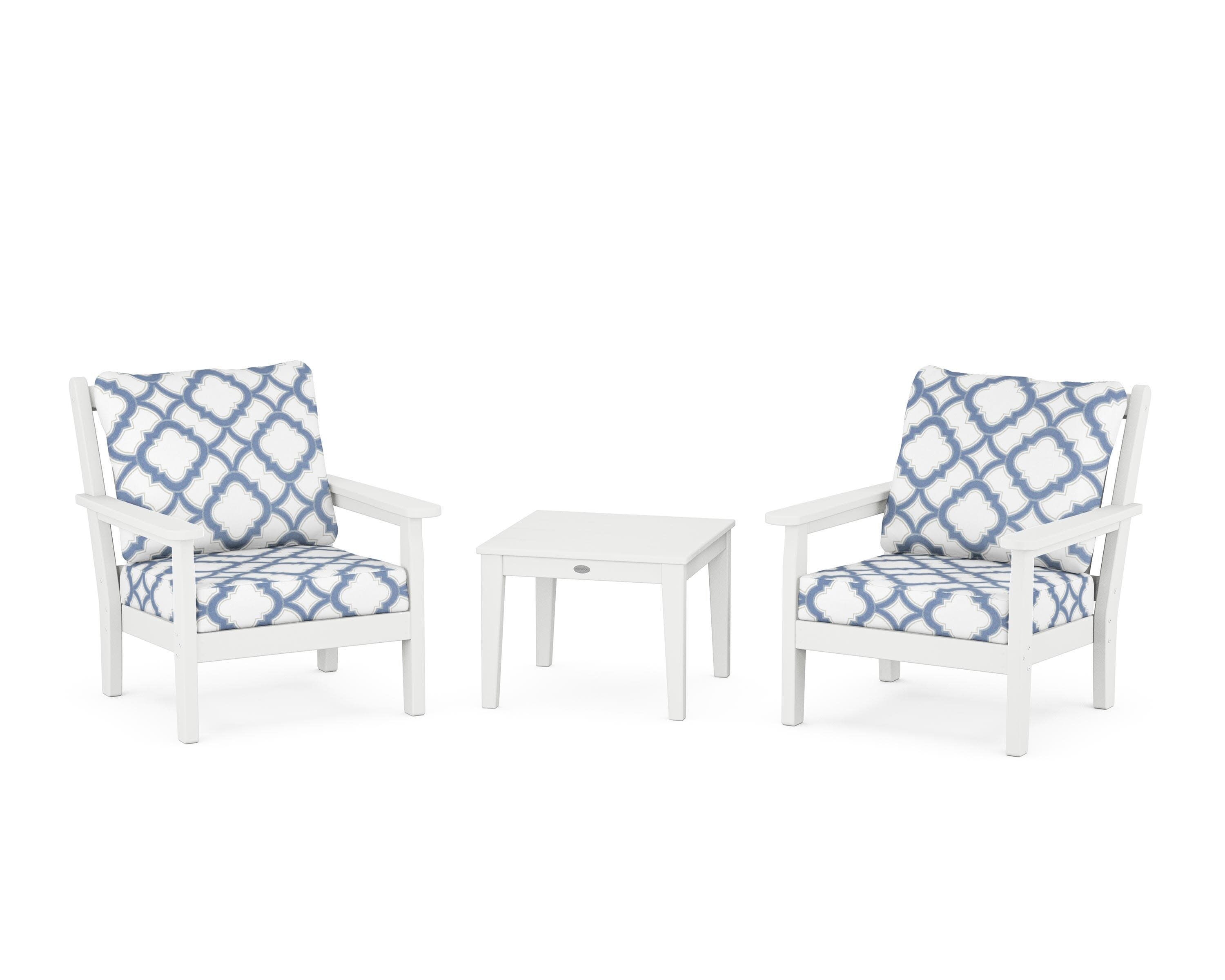 Chippendale 3-Piece Deep Seating Set in White / Trellis Sky Blue