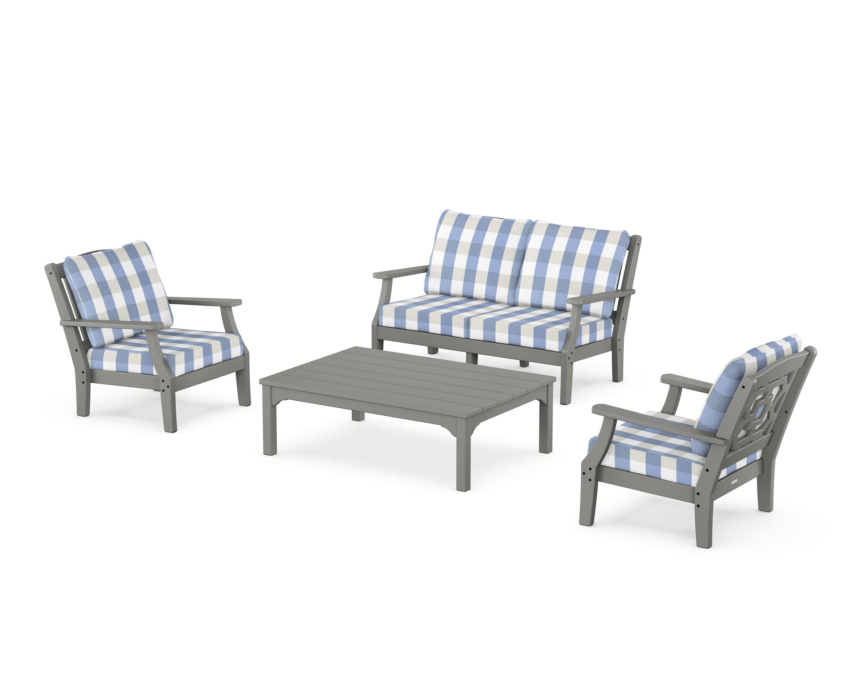 Chinoiserie 4-Piece Deep Seating Set with Loveseat in Slate Grey / Buffalo Plaid Sky Blue