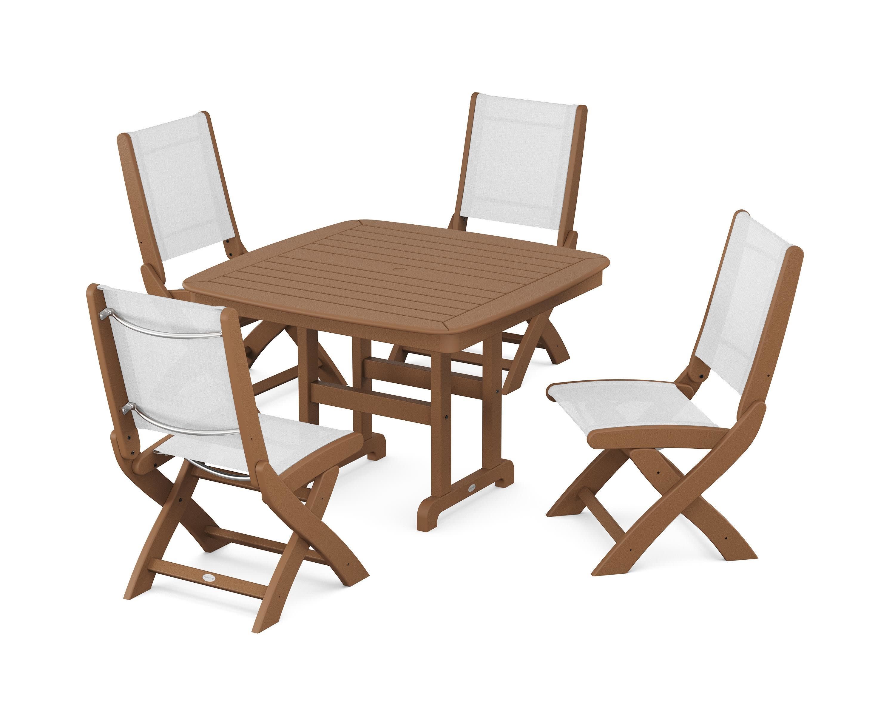 Coastal Folding Side Chair 5-Piece Dining Set in Teak / White Sling