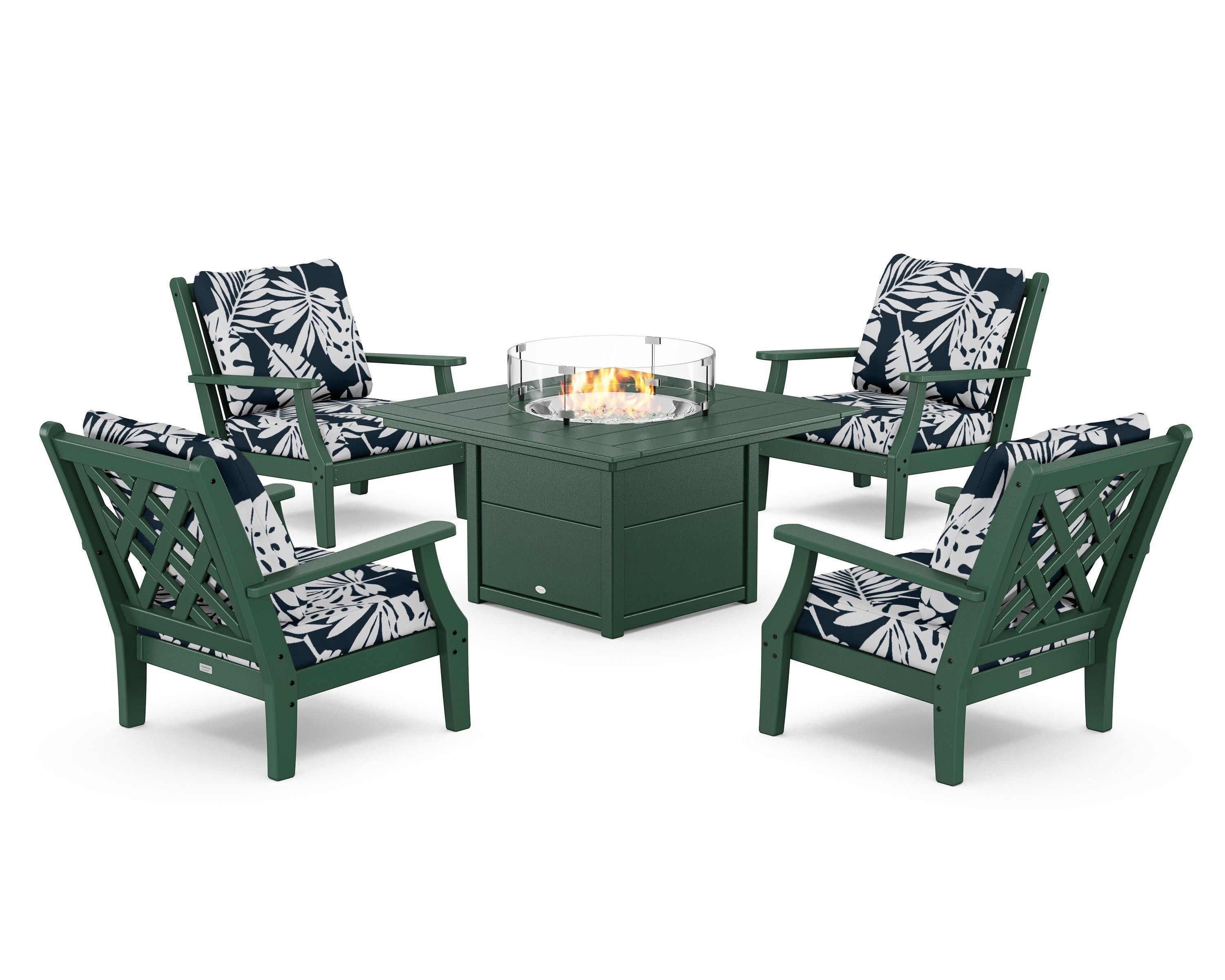 Wovendale 5-Piece Deep Seating Set with Fire Pit Table in Green / Leaf Marine Indigo